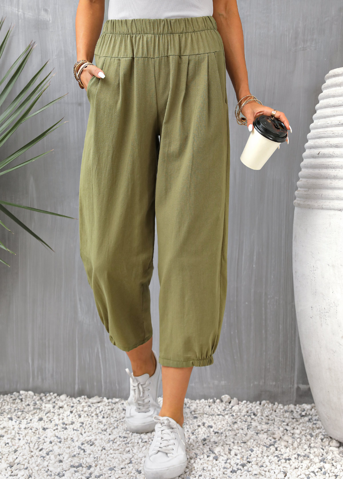 Olive Green bottoms,Plain Color bottoms,Pocket Olive Green Regular Elastic Waist Pants