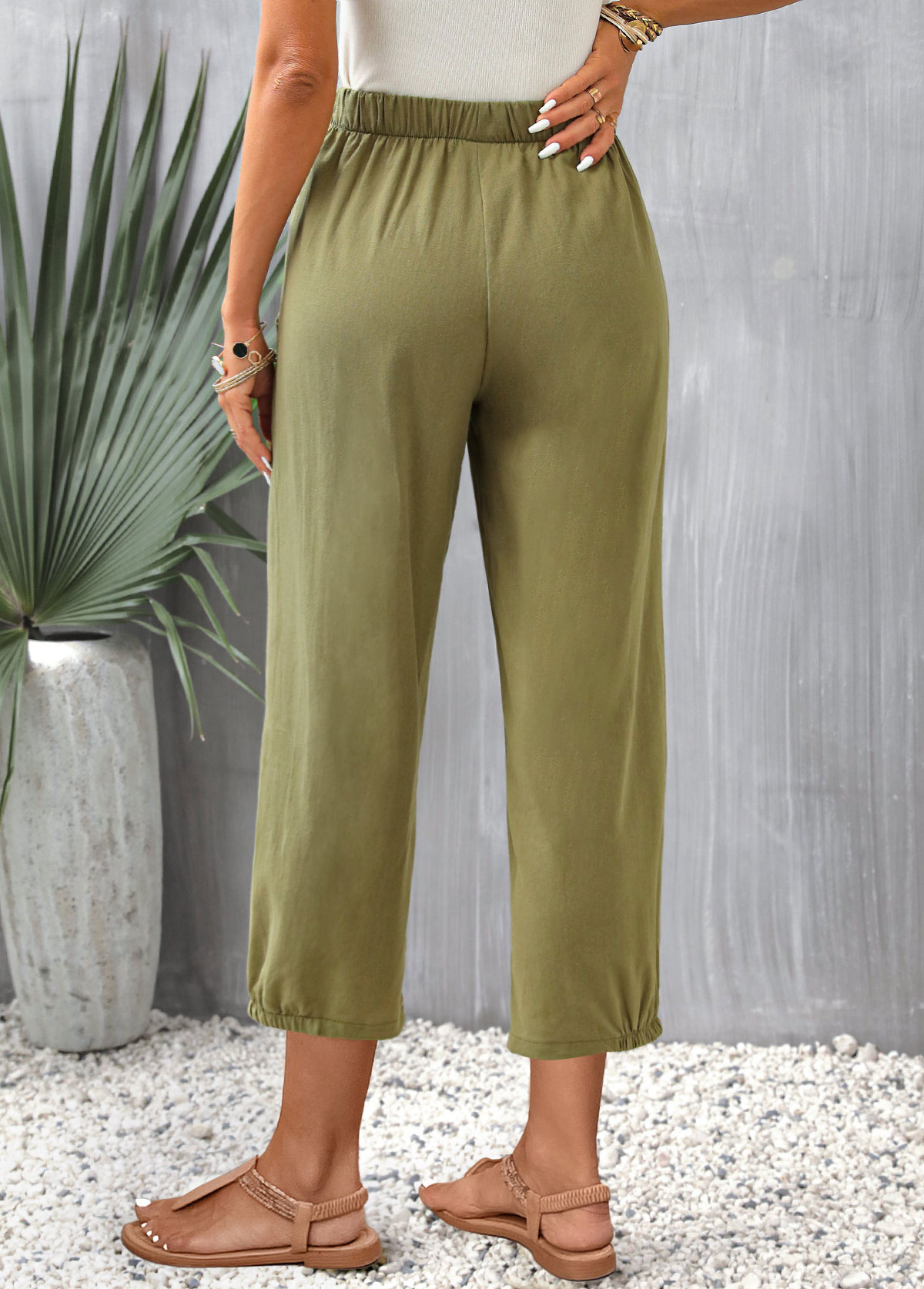 Olive Green bottoms,Plain Color bottoms,Pocket Olive Green Regular Elastic Waist Pants