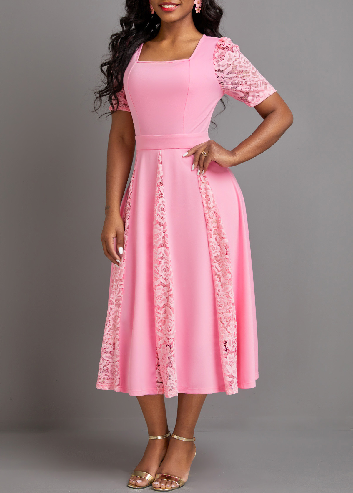 Pink dresses,Plain Color dresses,Party dresses,Elegant dresses,ROTITA Patchwork Pink Square Neck Half Sleeve Dress