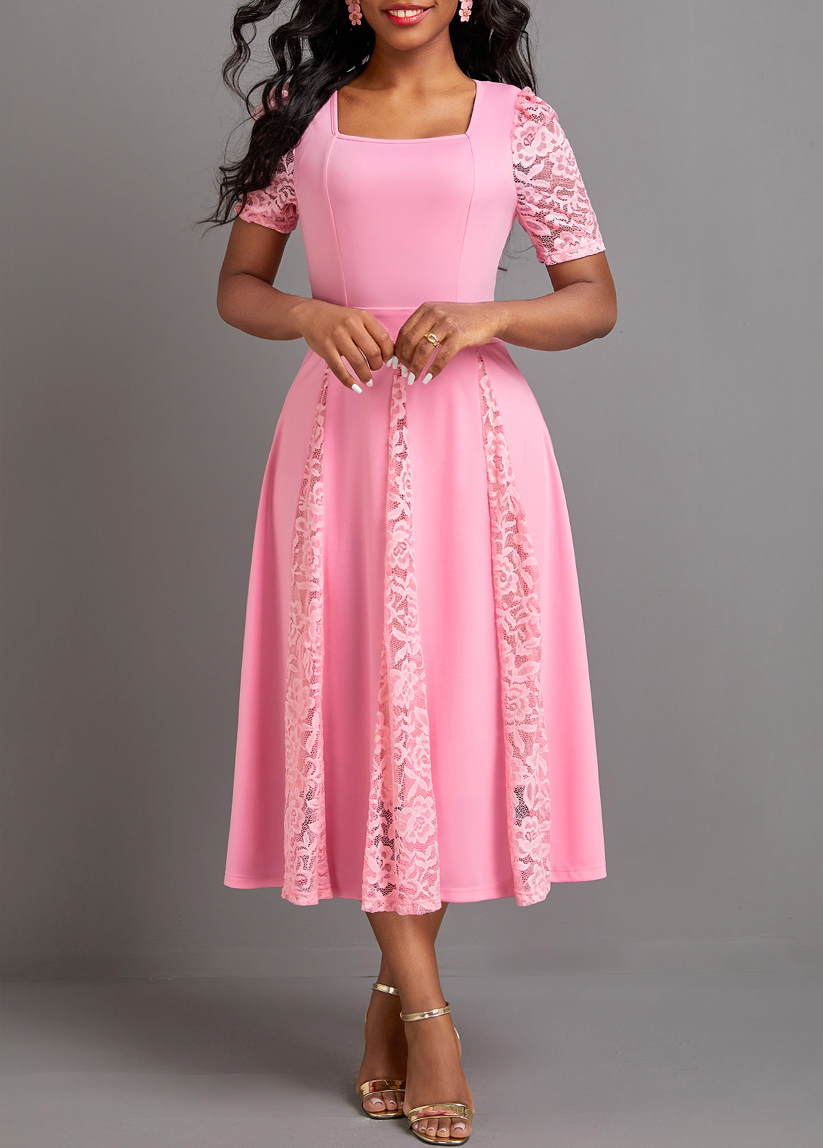 Pink dresses,Plain Color dresses,Party dresses,Elegant dresses,ROTITA Patchwork Pink Square Neck Half Sleeve Dress