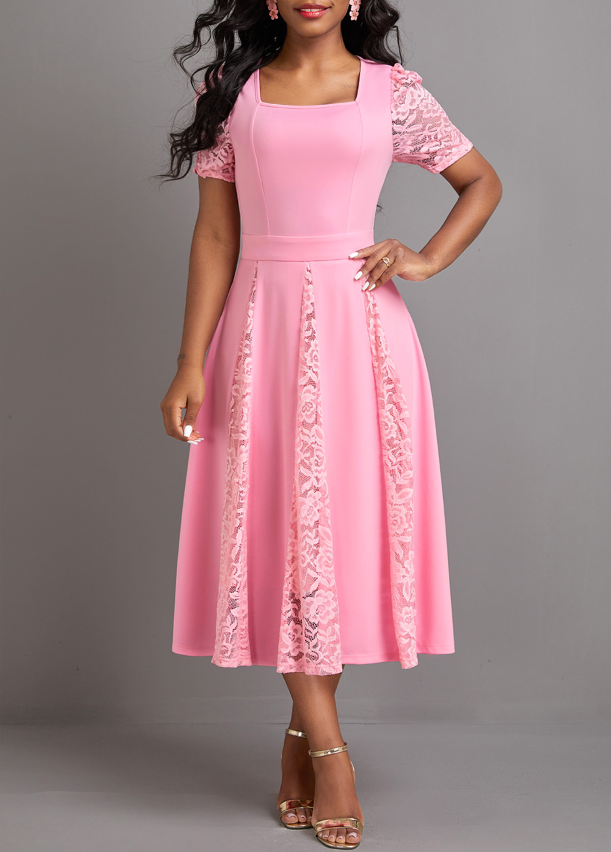 Pink dresses,Plain Color dresses,Party dresses,Elegant dresses,ROTITA Patchwork Pink Square Neck Half Sleeve Dress
