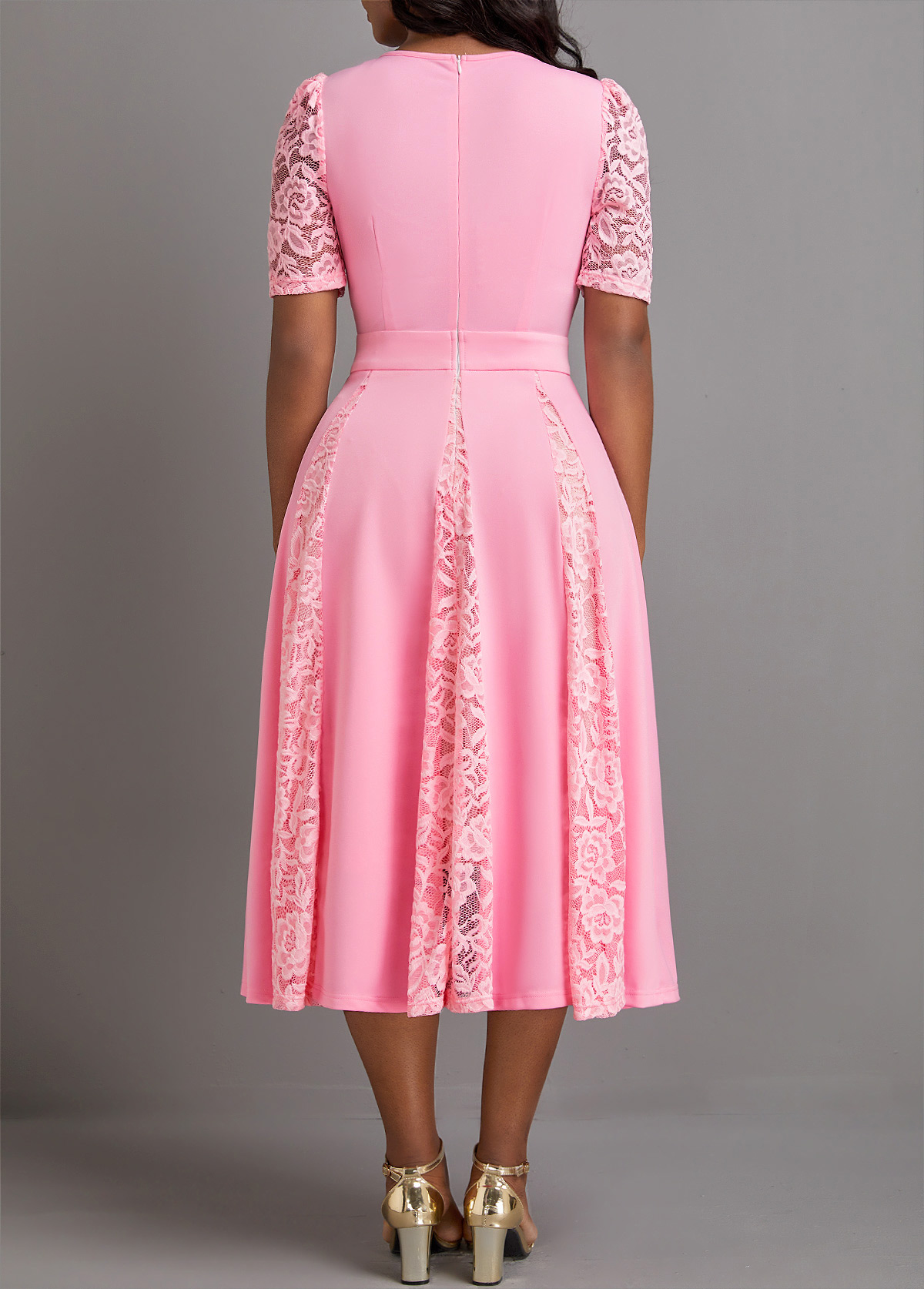 Pink dresses,Plain Color dresses,Party dresses,Elegant dresses,ROTITA Patchwork Pink Square Neck Half Sleeve Dress