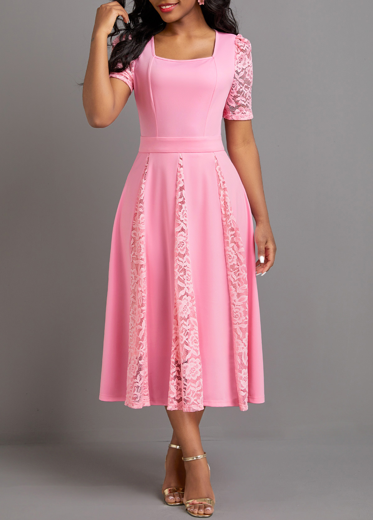 Pink dresses,Plain Color dresses,Party dresses,Elegant dresses,ROTITA Patchwork Pink Square Neck Half Sleeve Dress