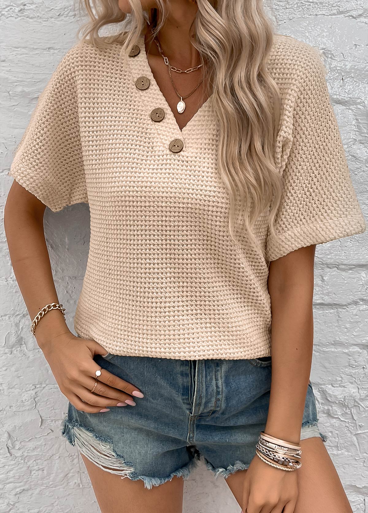 Beige tops,Plain Color tops,ROTITA Button Beige V Neck Short Sleeve Blouse