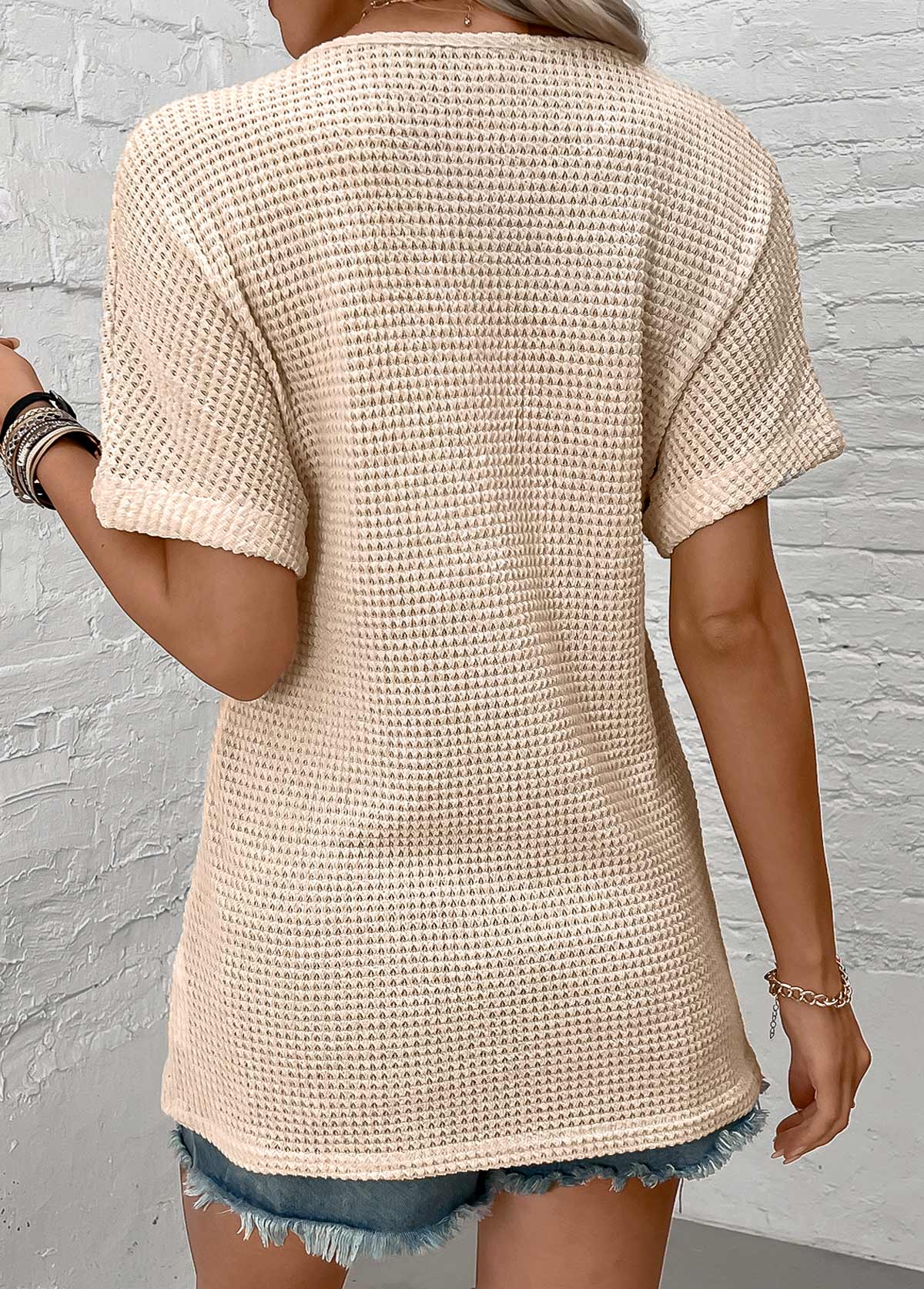 Beige tops,Plain Color tops,ROTITA Button Beige V Neck Short Sleeve Blouse