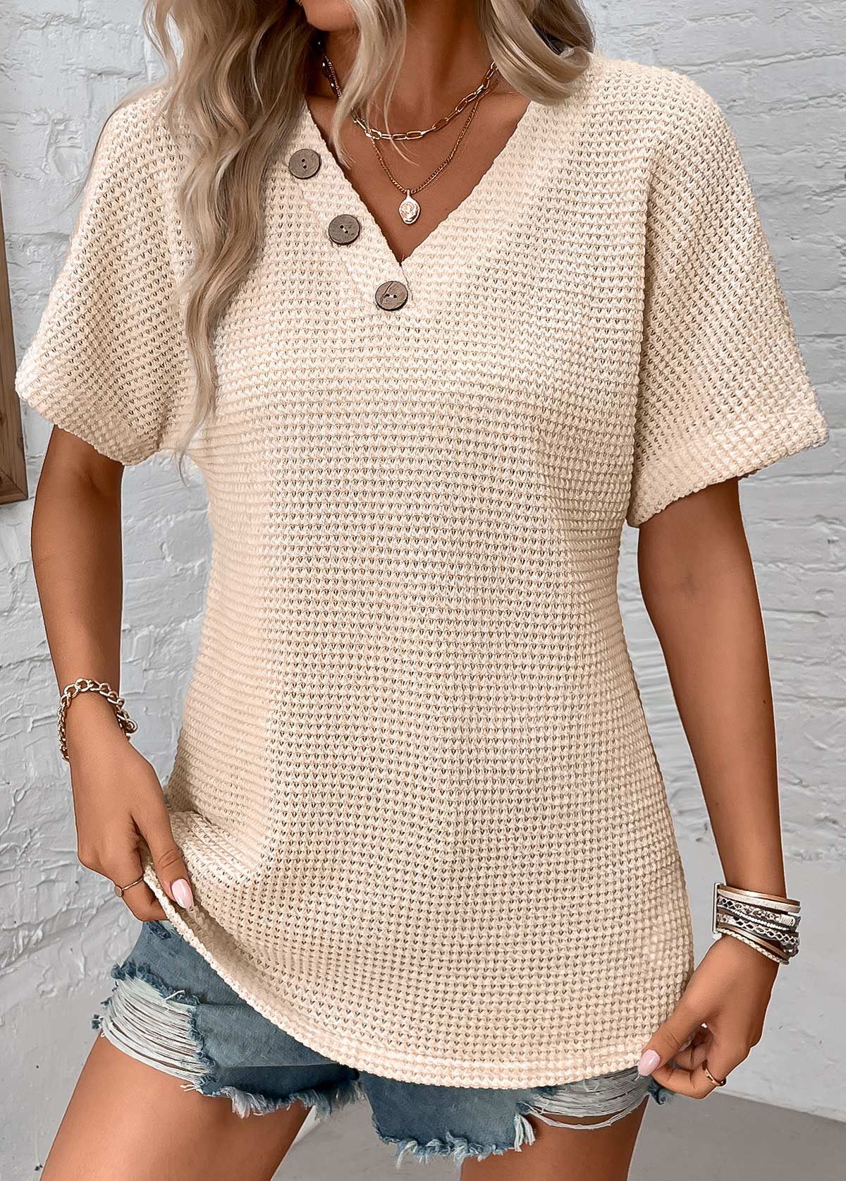 Beige tops,Plain Color tops,ROTITA Button Beige V Neck Short Sleeve Blouse