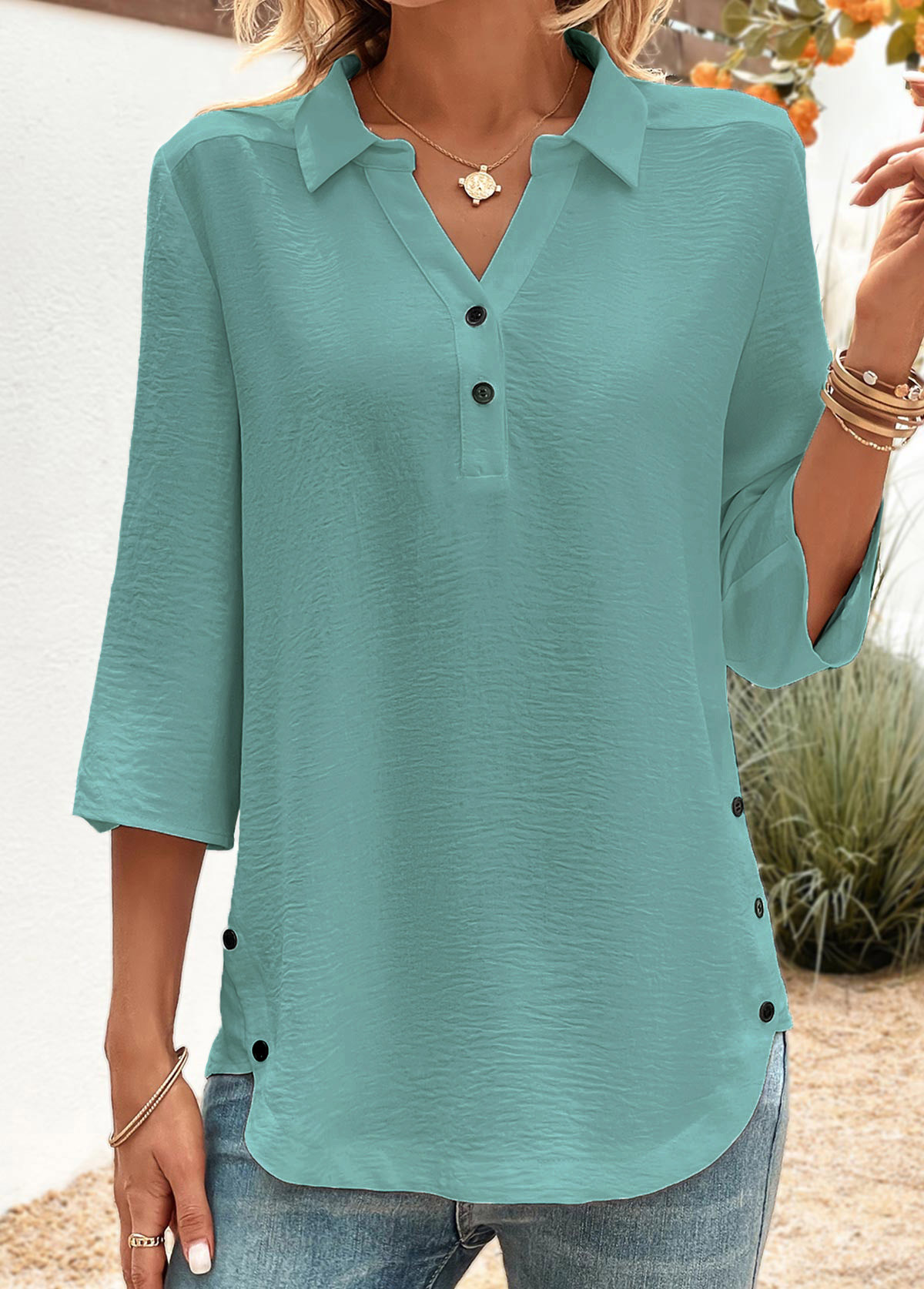 Peacock Blue tops,Plain Color tops,ROTITA Button Peacock Blue Shirt Collar 3/4 Sleeve Blouse