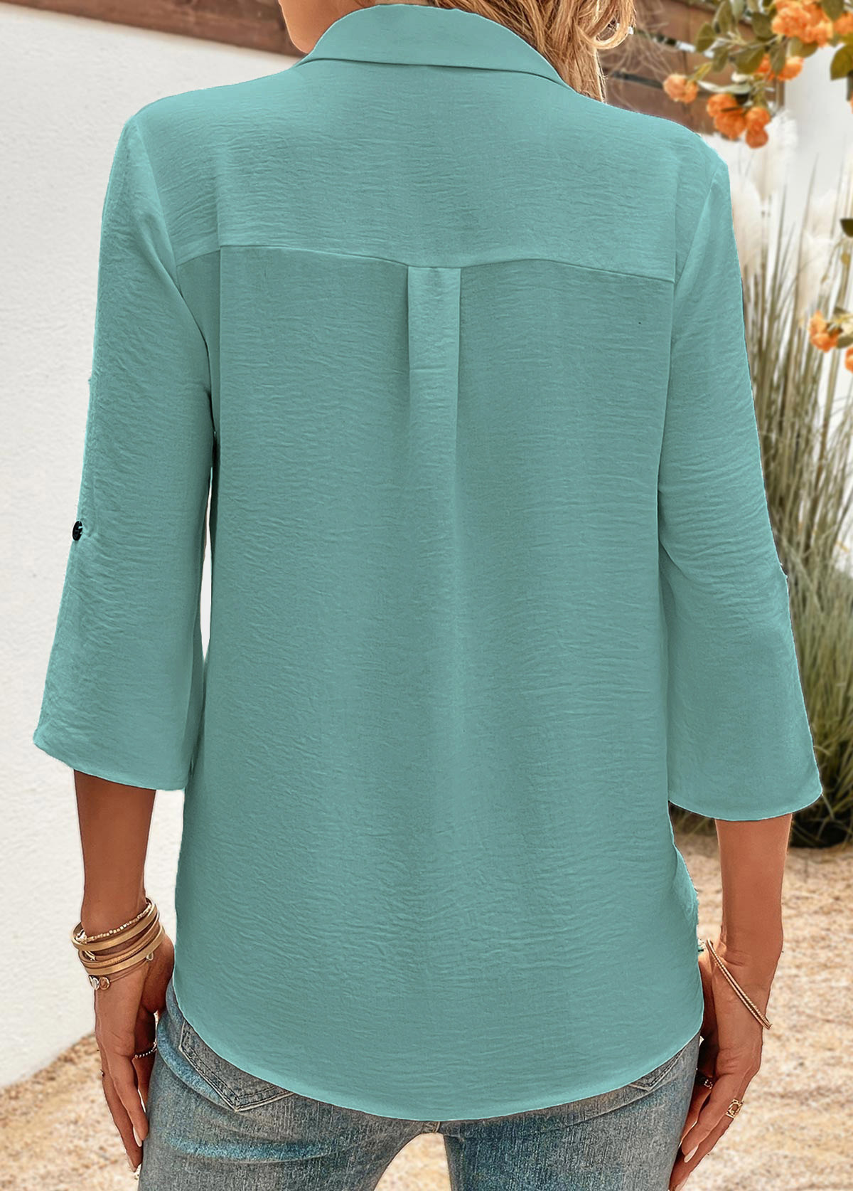 Peacock Blue tops,Plain Color tops,ROTITA Button Peacock Blue Shirt Collar 3/4 Sleeve Blouse