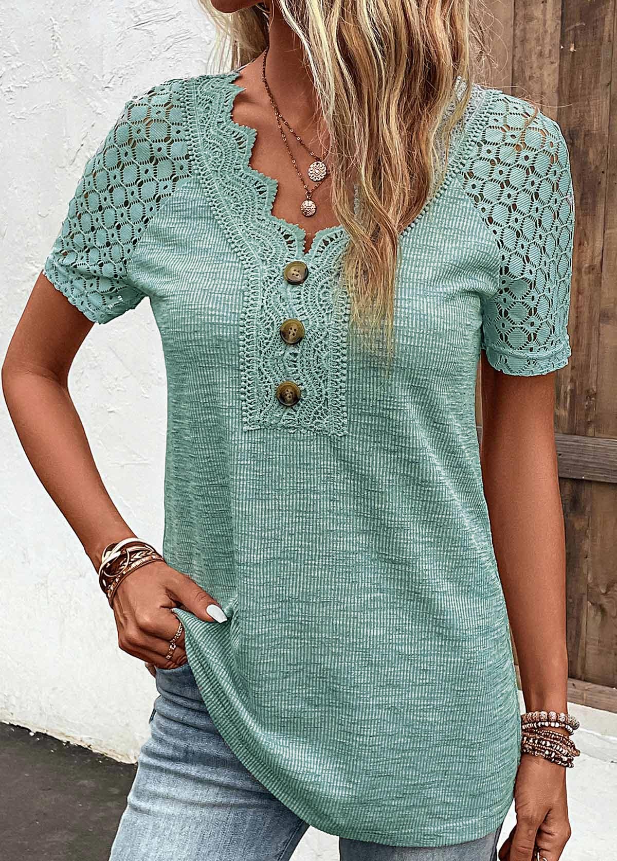 Green tops,Plain Color tops,ROTITA Lace Green V Neck Short Sleeve T Shirt