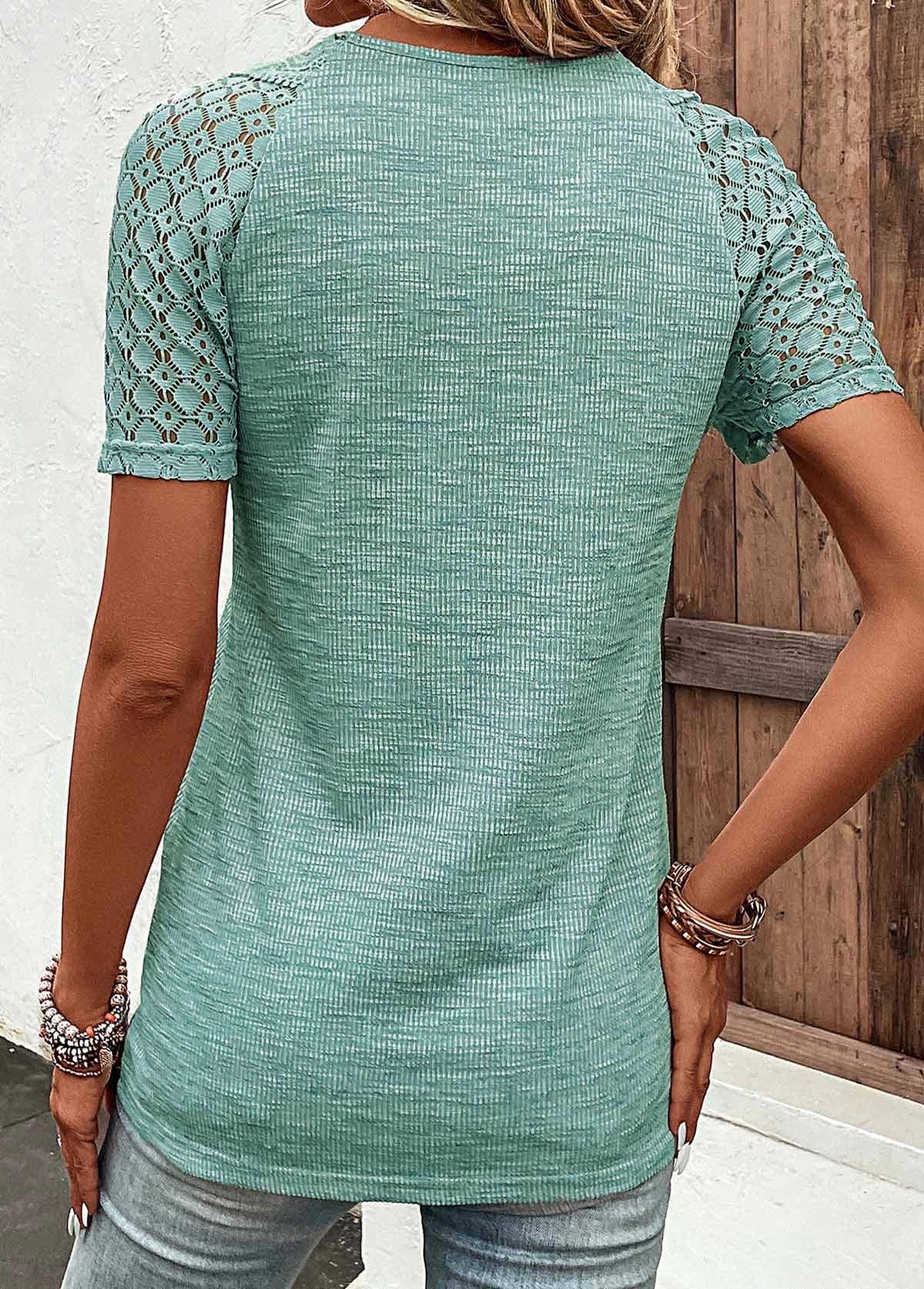 Green tops,Plain Color tops,ROTITA Lace Green V Neck Short Sleeve T Shirt