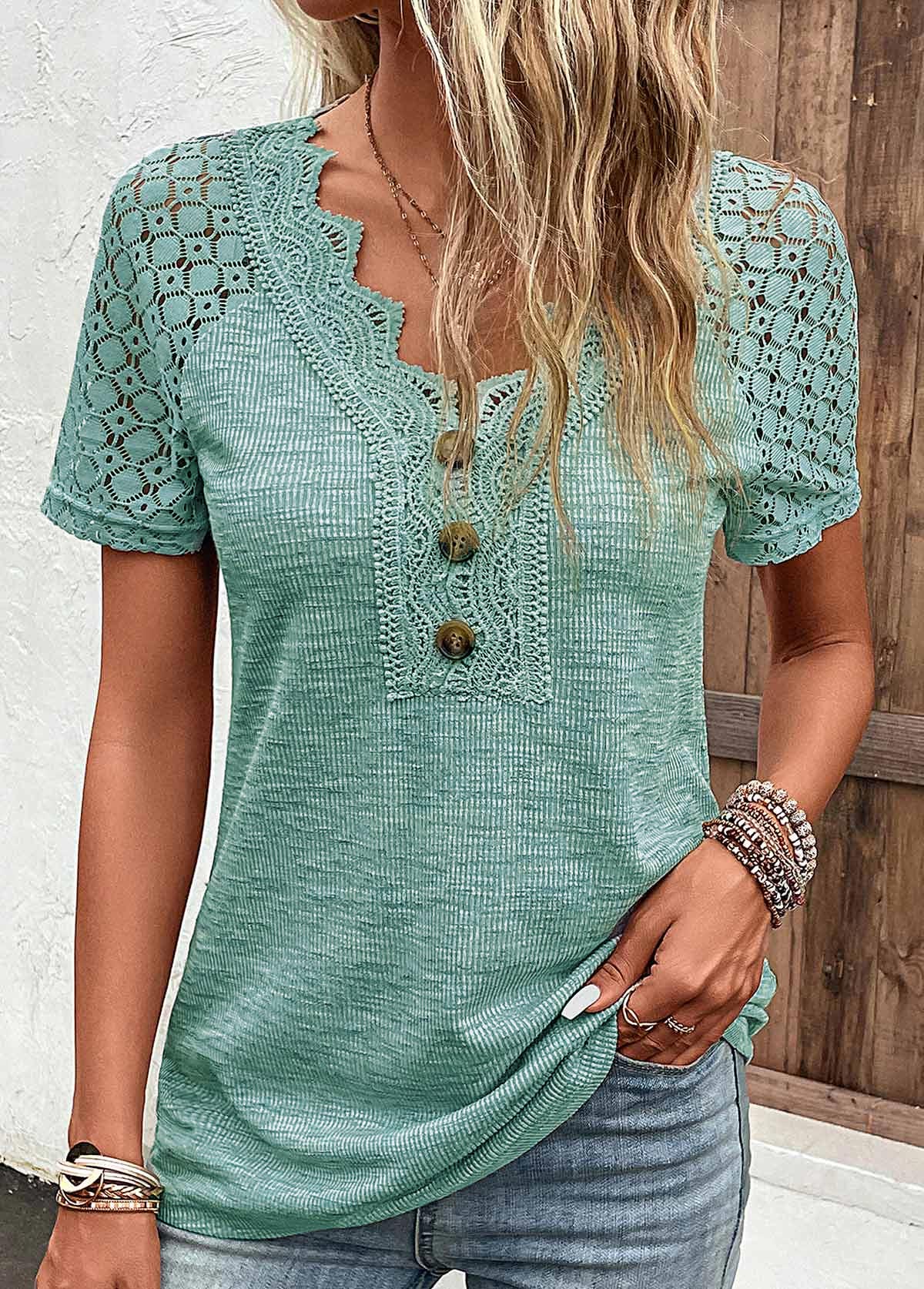 Green tops,Plain Color tops,ROTITA Lace Green V Neck Short Sleeve T Shirt