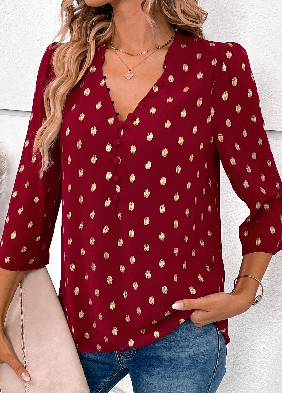 Wine Red tops,Plain Color tops,ROTITA Hot Stamping Wine Red V Neck Blouse