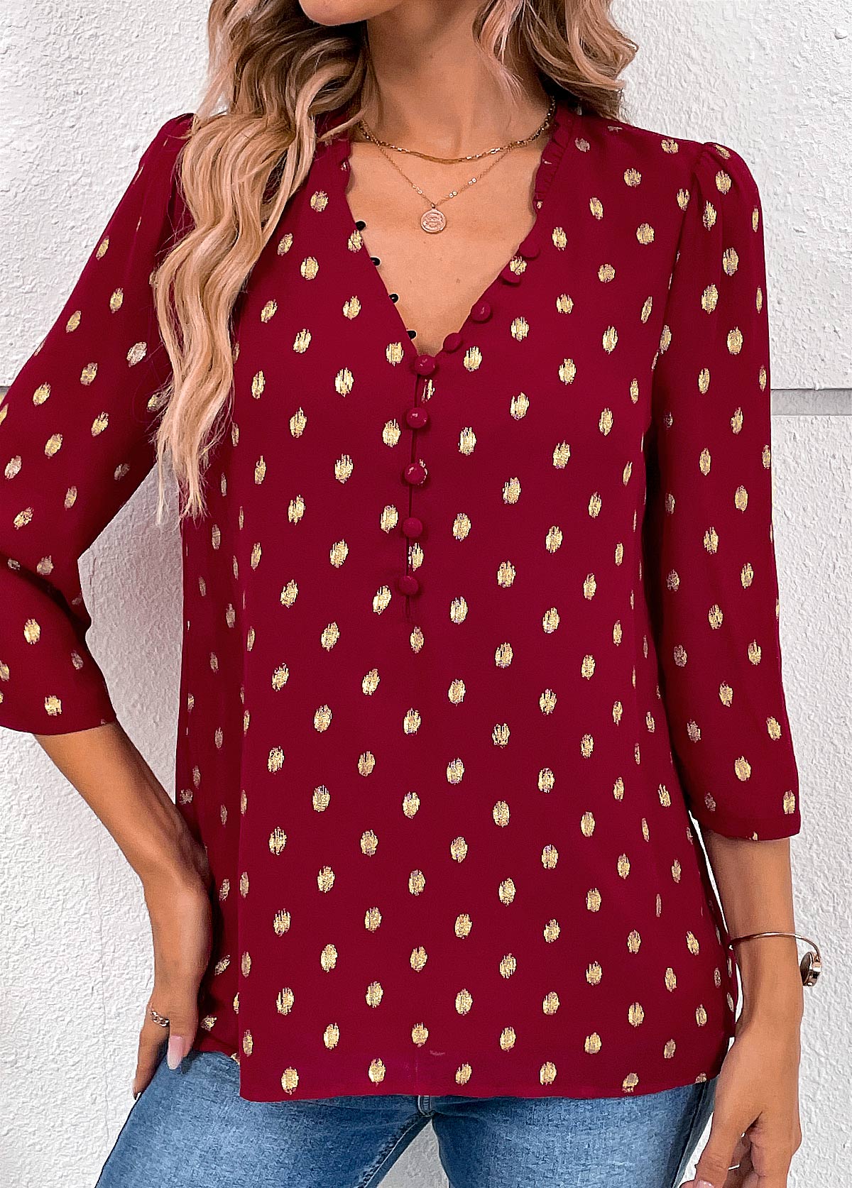 Wine Red tops,Plain Color tops,ROTITA Hot Stamping Wine Red V Neck Blouse