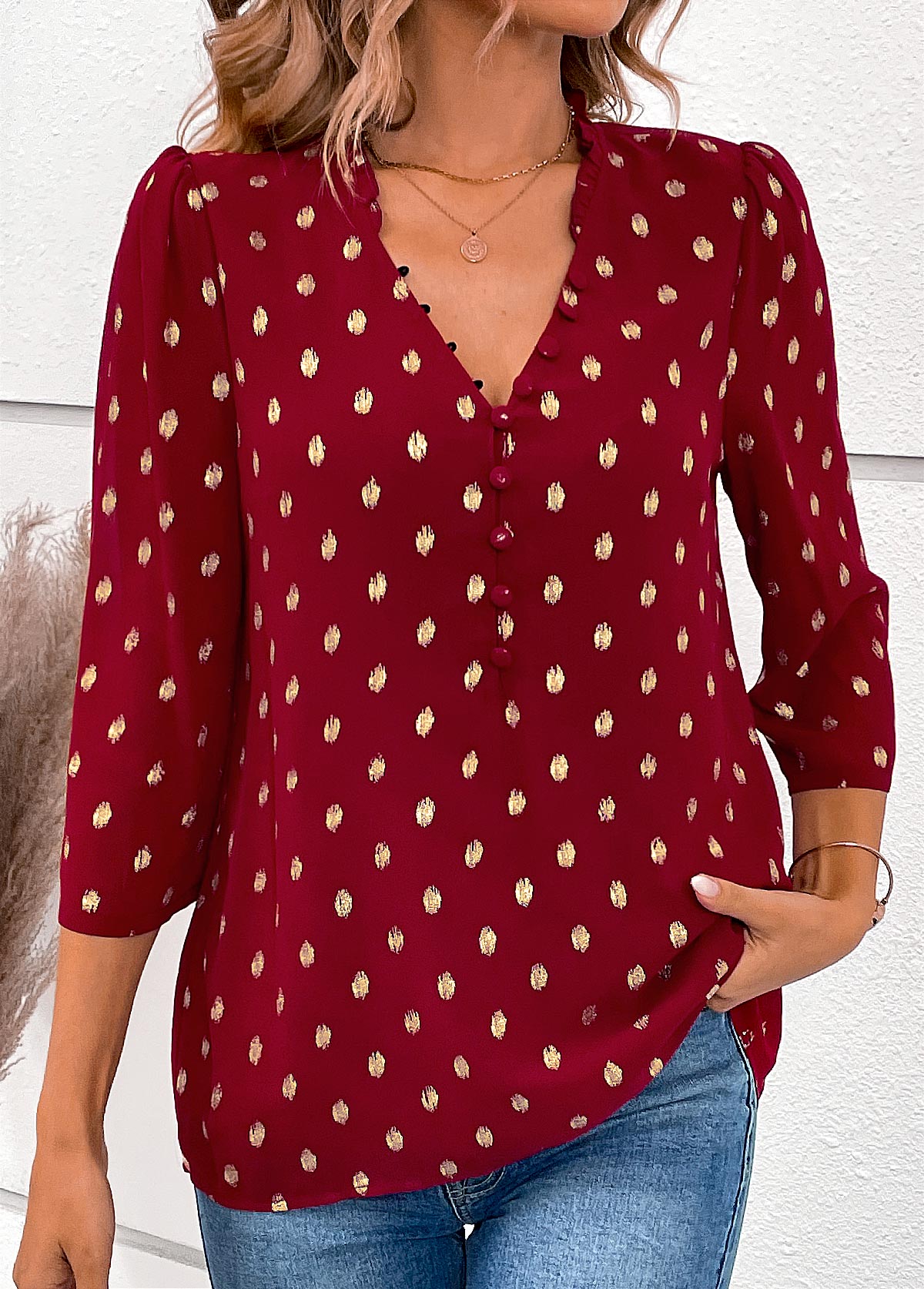 Wine Red tops,Plain Color tops,ROTITA Hot Stamping Wine Red V Neck Blouse