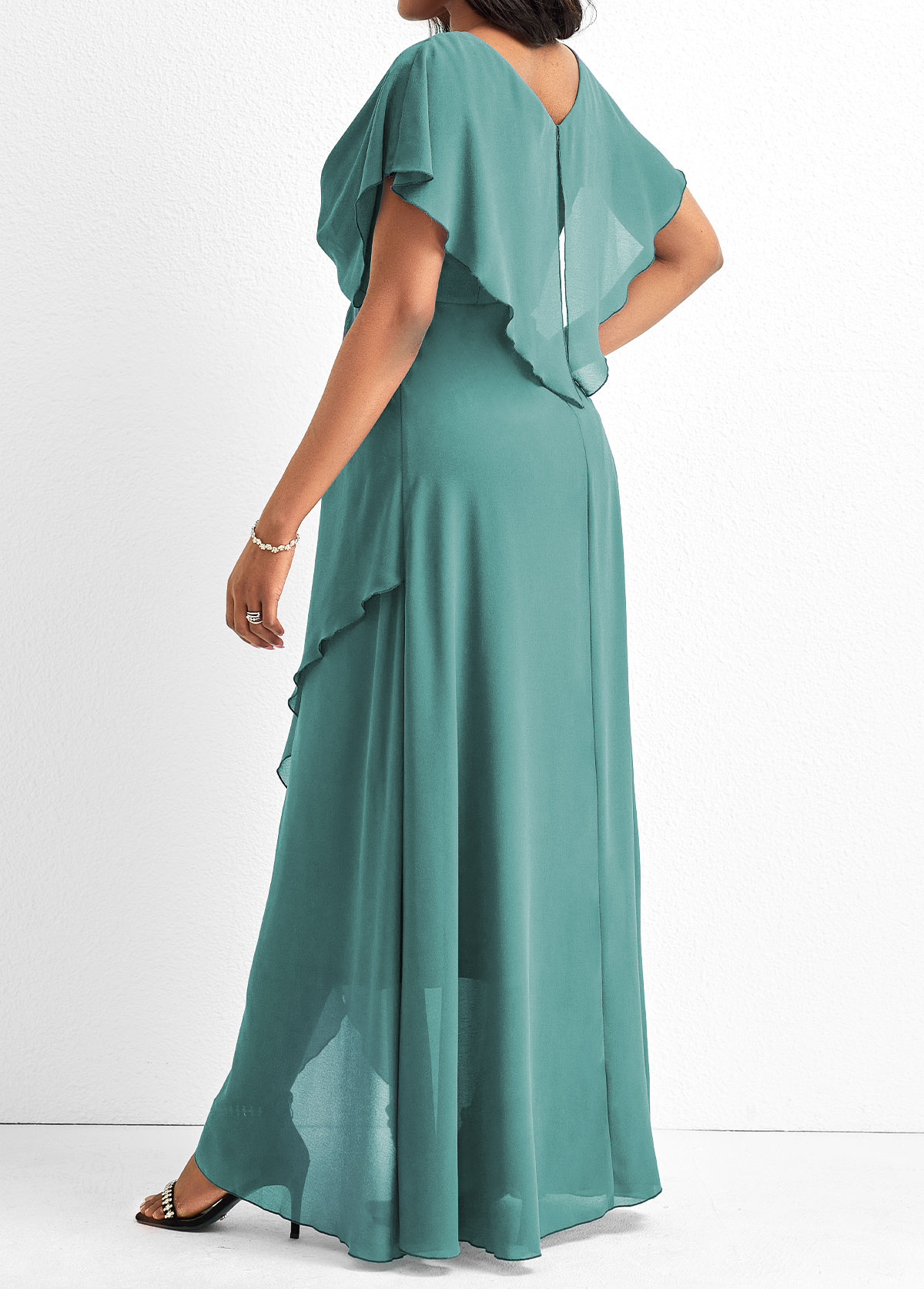 Turquoise dresses,Plain Color dresses,Party dresses,Elegant dresses,ROTITA Lace Turquoise V Neck Short Sleeve Maxi Dress