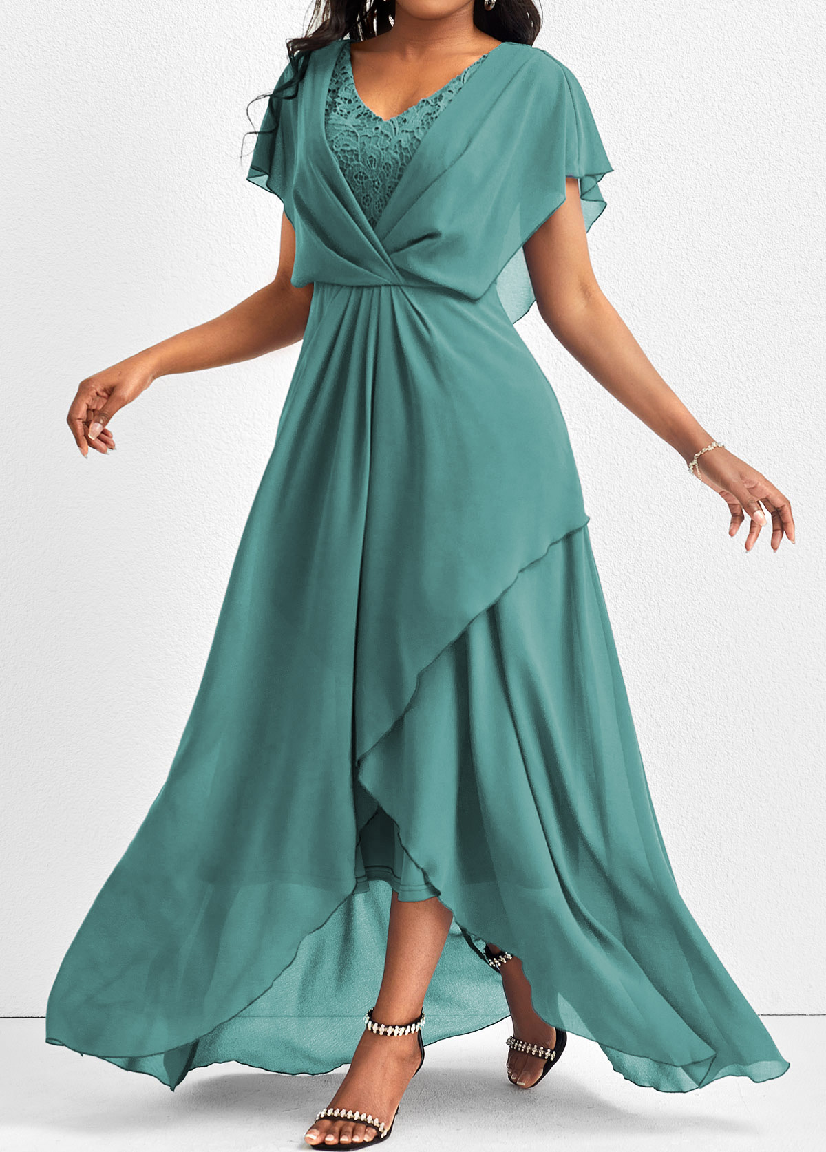 Turquoise dresses,Plain Color dresses,Party dresses,Elegant dresses,ROTITA Lace Turquoise V Neck Short Sleeve Maxi Dress