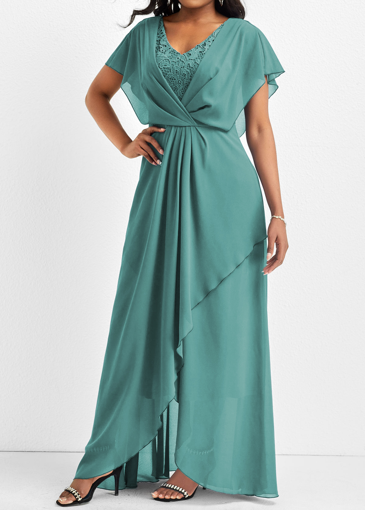 Turquoise dresses,Plain Color dresses,Party dresses,Elegant dresses,ROTITA Lace Turquoise V Neck Short Sleeve Maxi Dress