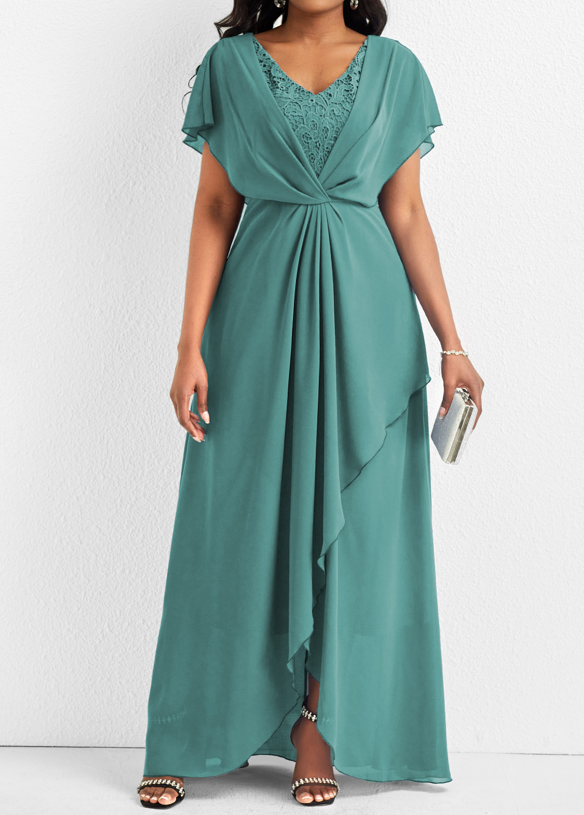 Turquoise dresses,Plain Color dresses,Party dresses,Elegant dresses,ROTITA Lace Turquoise V Neck Short Sleeve Maxi Dress