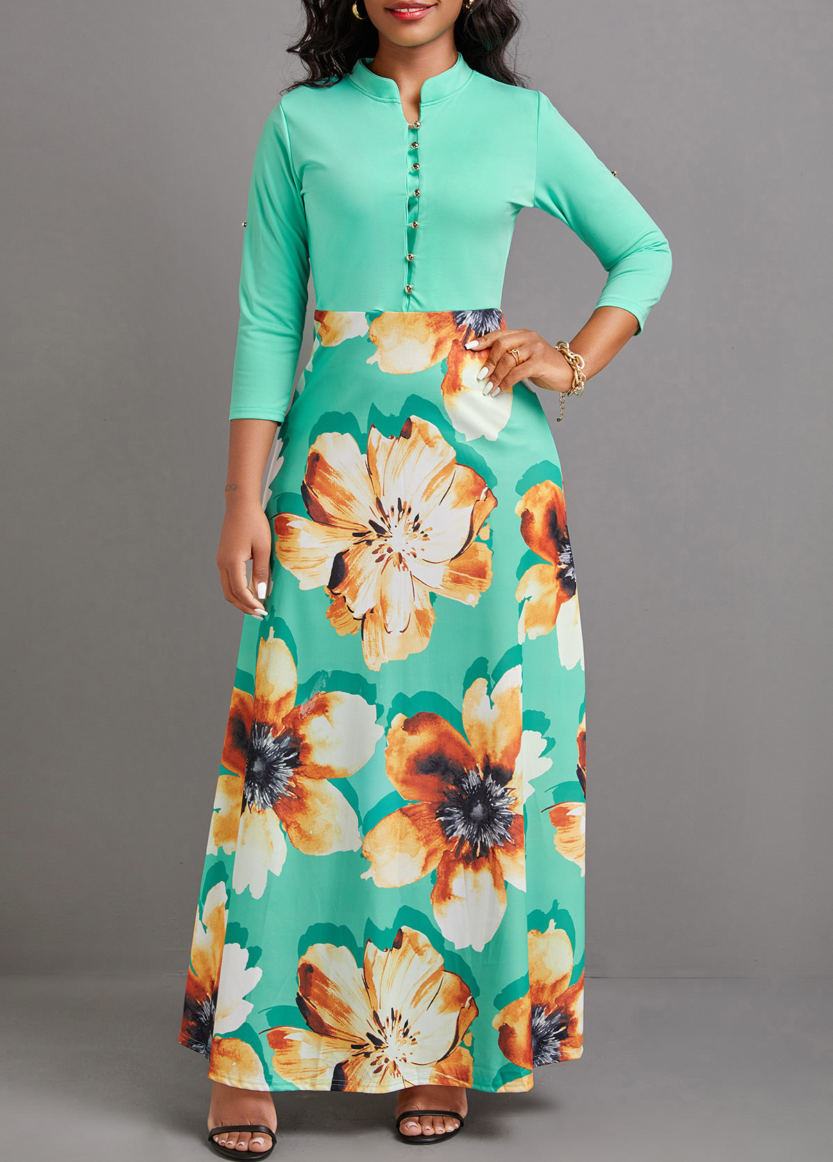 Mint Green dresses,Floral dresses,Plants dresses,Party dresses,Elegant dresses,ROTITA Button Floral Print Mint Green Maxi Dress