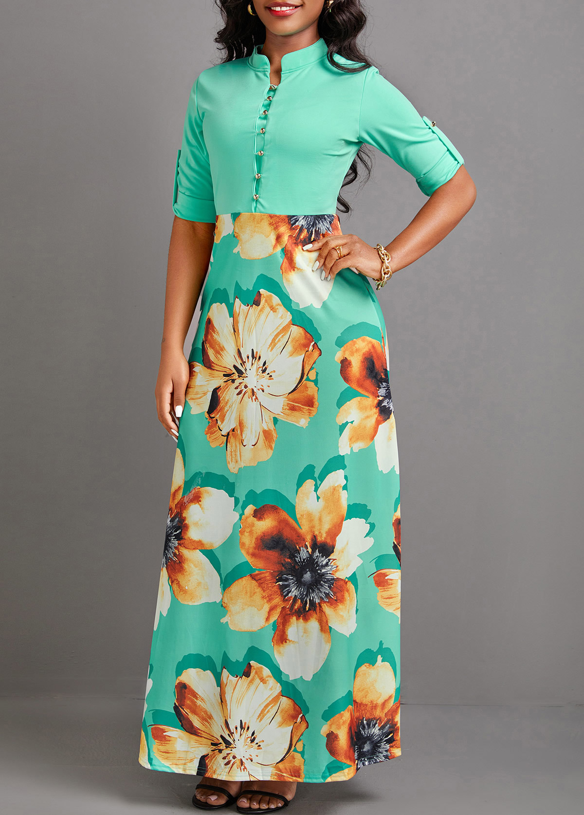 Mint Green dresses,Floral dresses,Plants dresses,Party dresses,Elegant dresses,ROTITA Button Floral Print Mint Green Maxi Dress