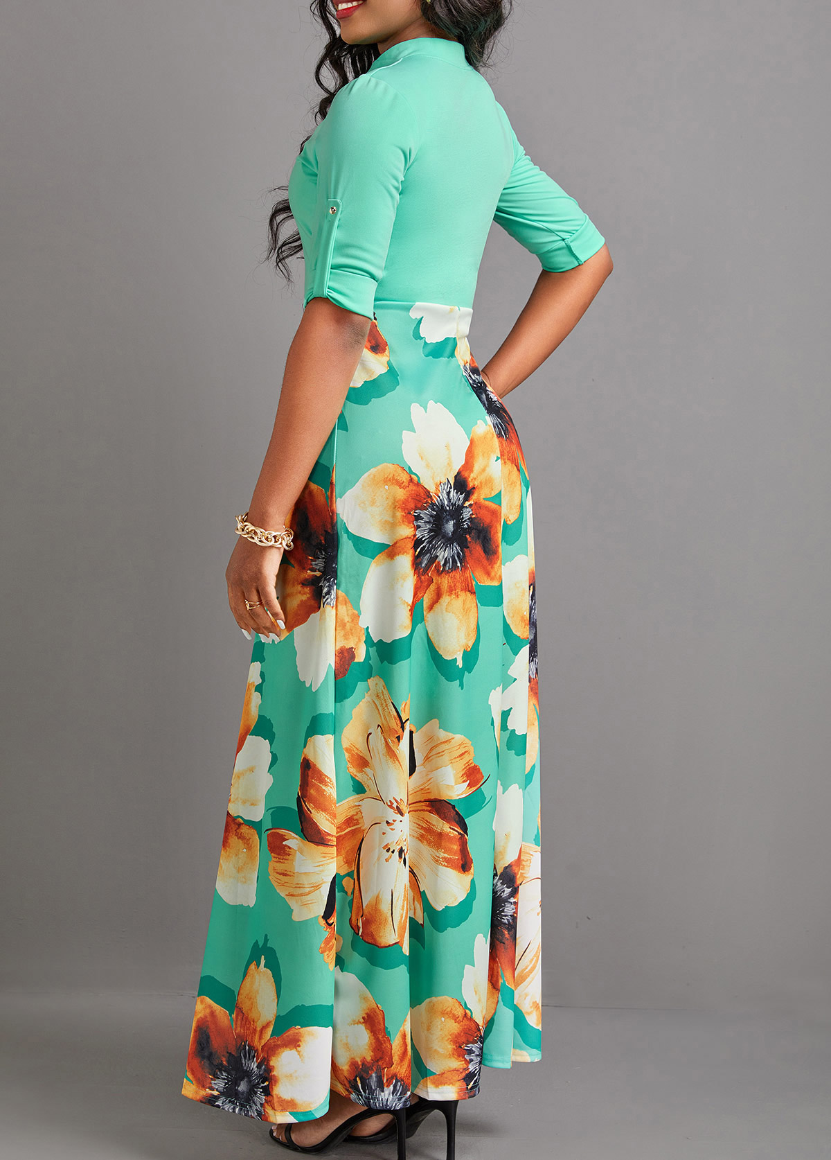 Mint Green dresses,Floral dresses,Plants dresses,Party dresses,Elegant dresses,ROTITA Button Floral Print Mint Green Maxi Dress