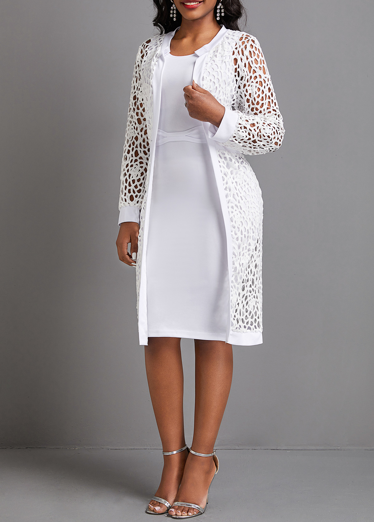 White dresses,Plain Color dresses,Party dresses,Elegant dresses,ROTITA Mesh White Two-Piece Round Neck Dress and Cardigan