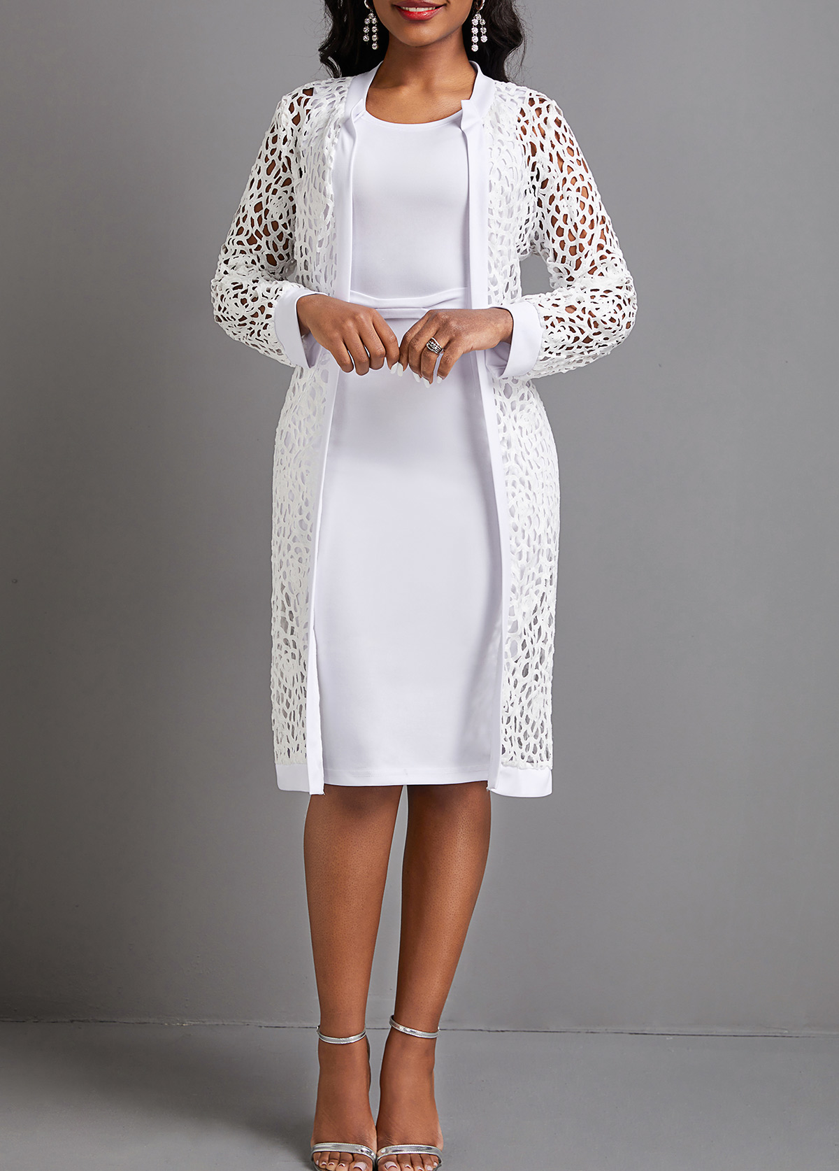 White dresses,Plain Color dresses,Party dresses,Elegant dresses,ROTITA Mesh White Two-Piece Round Neck Dress and Cardigan