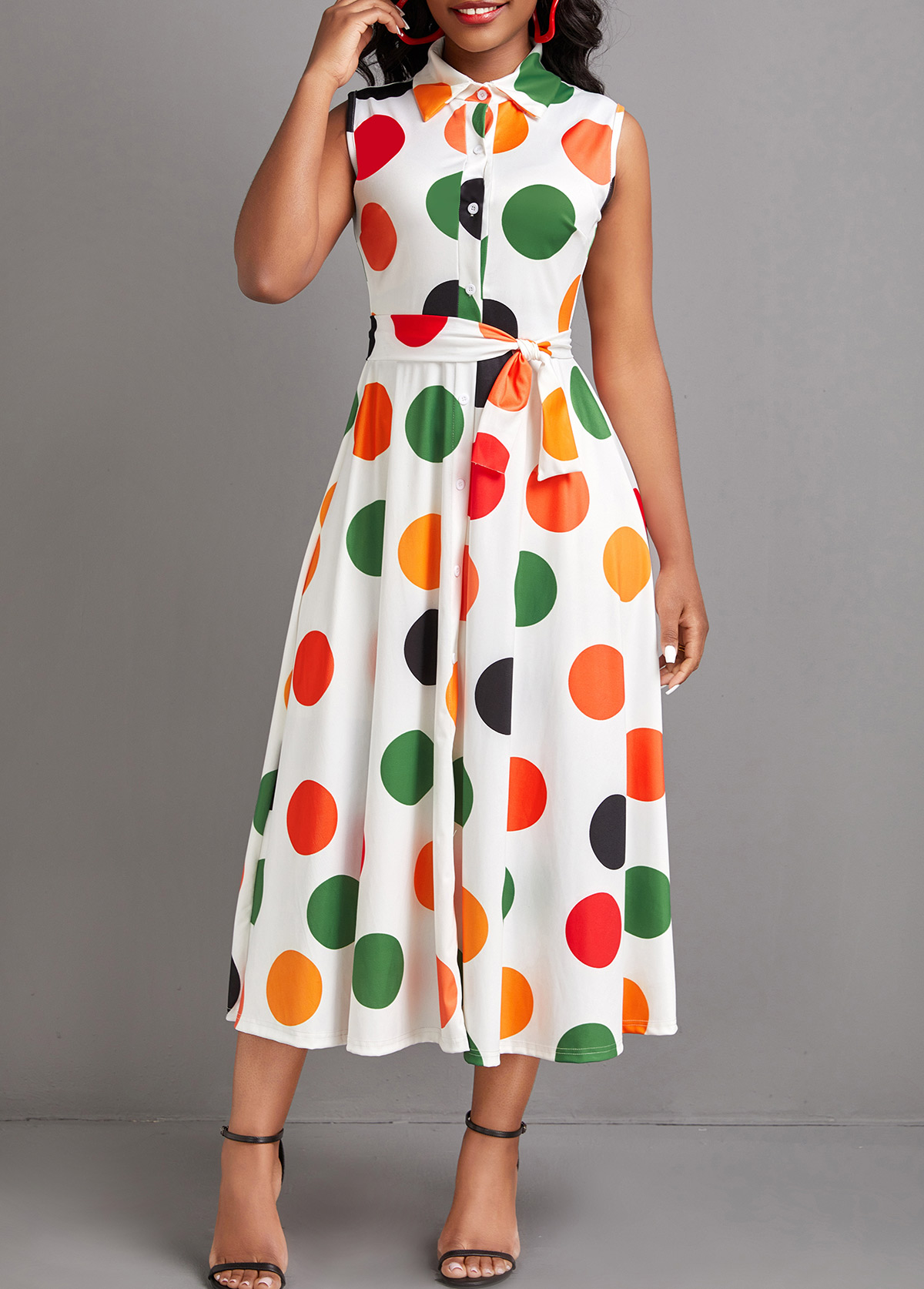 White dresses,Dot dresses,Everyday dresses,Casual dresses,ROTITA Button Polka Dot White Turn Down Collar Dress