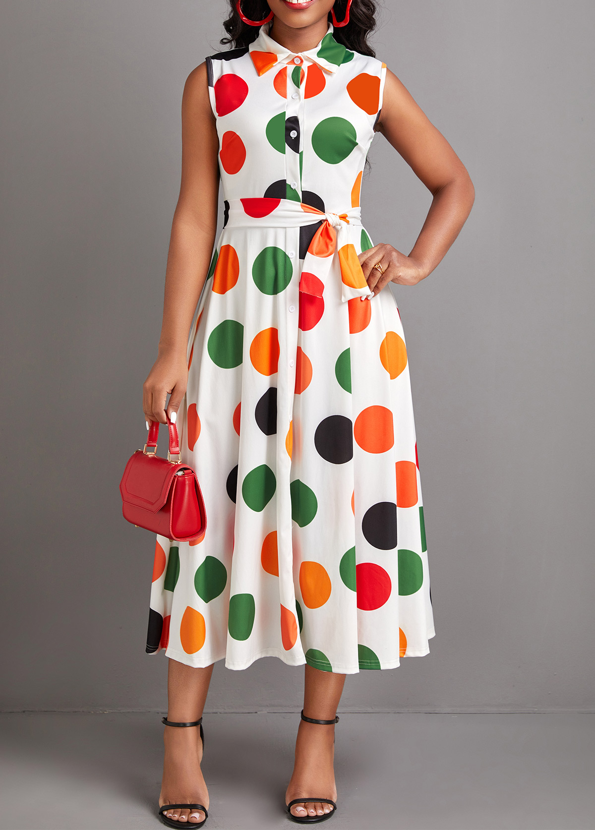 White dresses,Dot dresses,Everyday dresses,Casual dresses,ROTITA Button Polka Dot White Turn Down Collar Dress