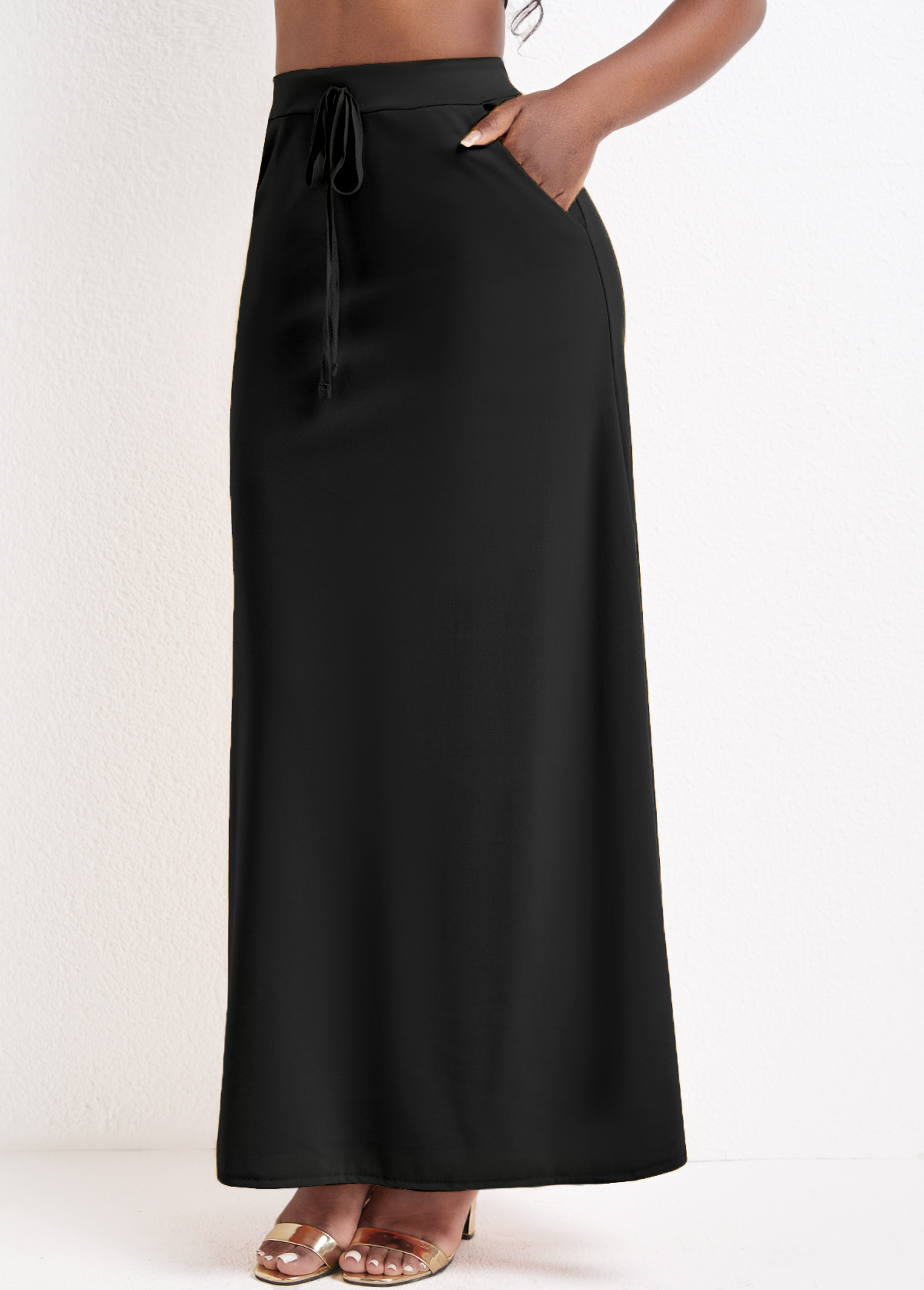 Black bottoms,Plain Color bottoms,Pocket Black Drawastring A Line Maxi Skirt