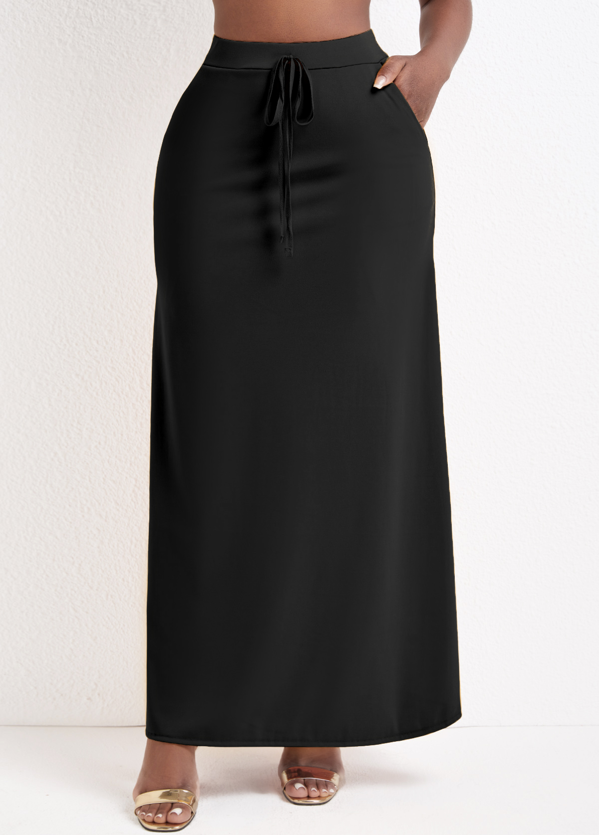 Black bottoms,Plain Color bottoms,Pocket Black Drawastring A Line Maxi Skirt