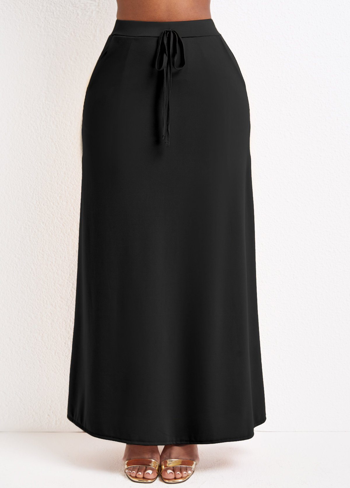 Black bottoms,Plain Color bottoms,Pocket Black Drawastring A Line Maxi Skirt