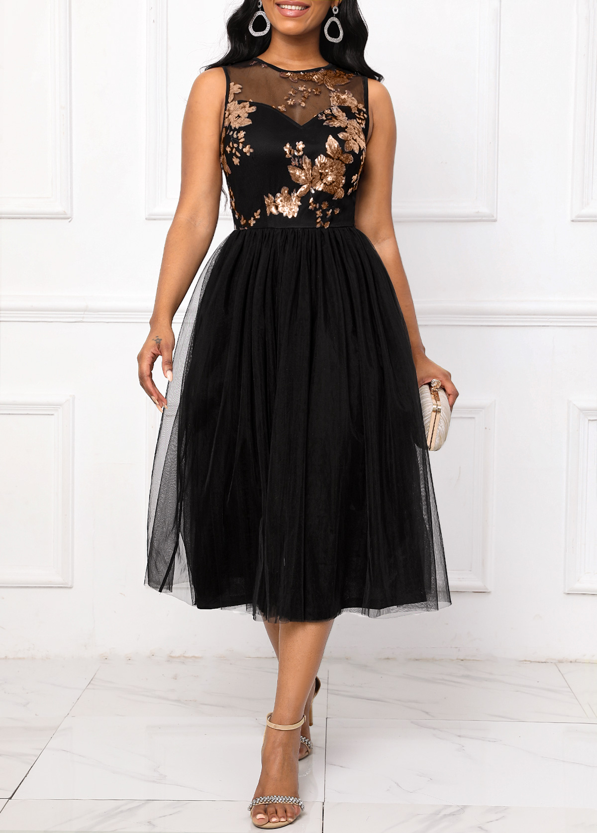 Black dresses,Plain Color dresses,Party dresses,Elegant dresses,ROTITA Sequin Black Round Neck Sleeveless Dress