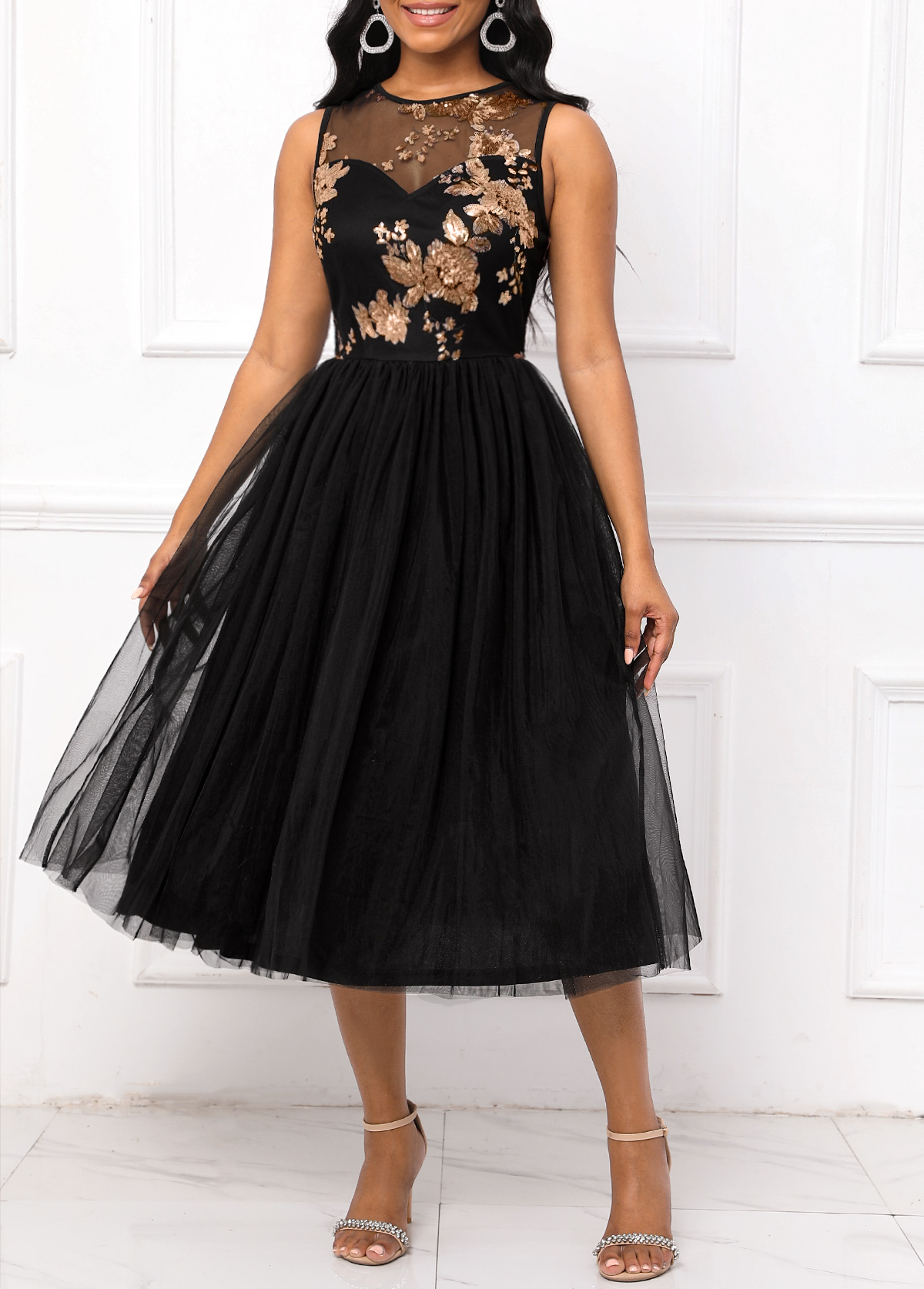 Black dresses,Plain Color dresses,Party dresses,Elegant dresses,ROTITA Sequin Black Round Neck Sleeveless Dress