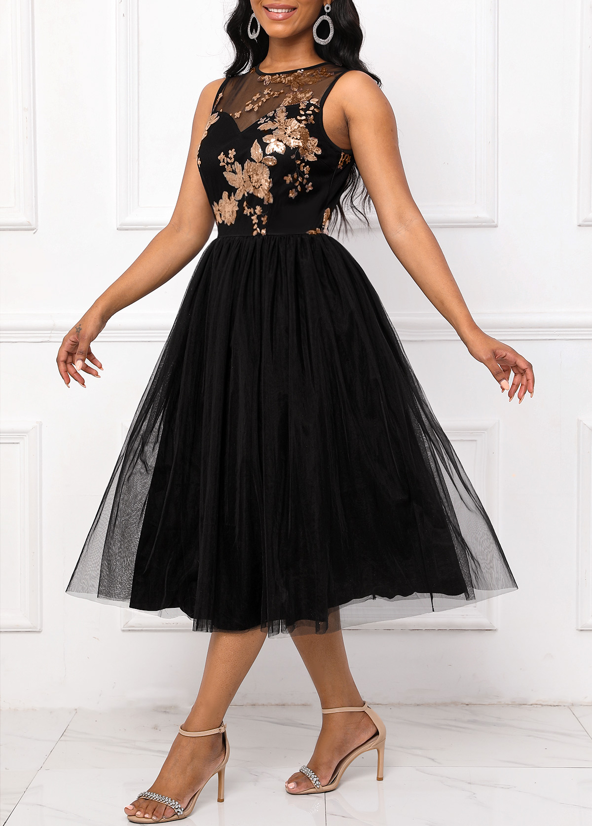 Black dresses,Plain Color dresses,Party dresses,Elegant dresses,ROTITA Sequin Black Round Neck Sleeveless Dress