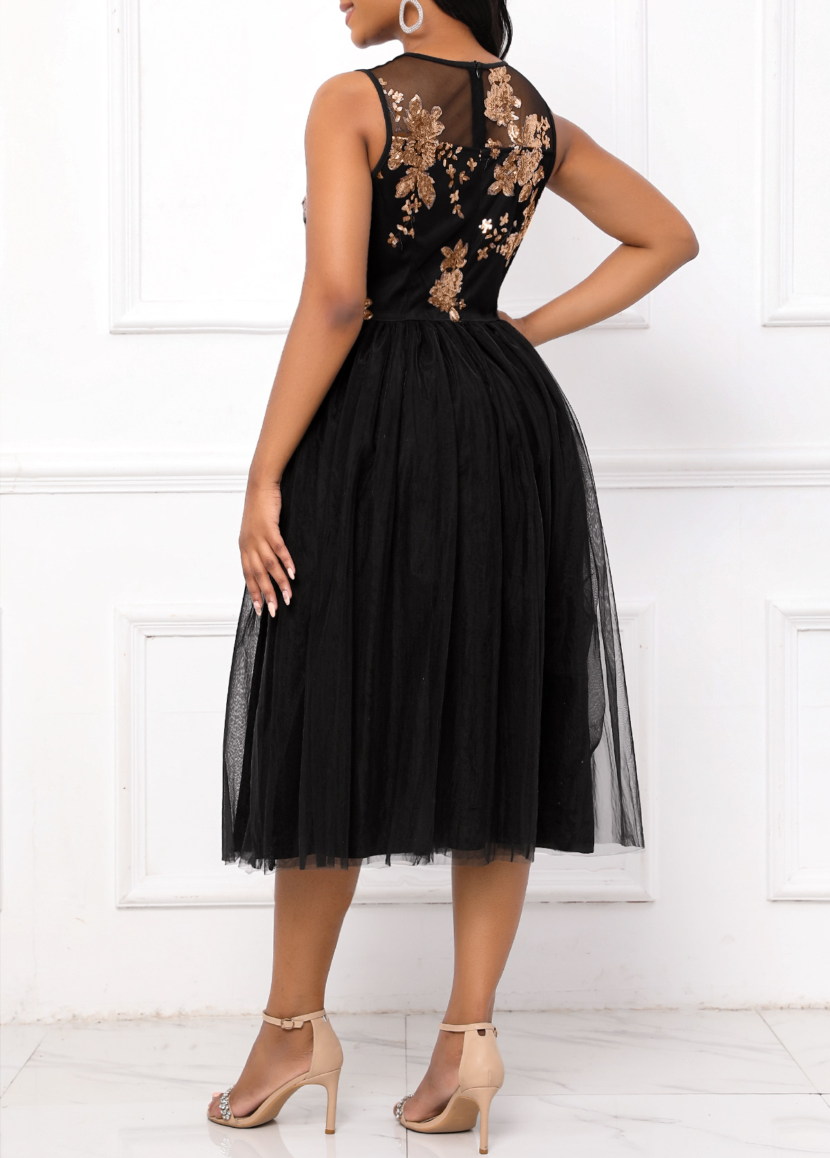 Black dresses,Plain Color dresses,Party dresses,Elegant dresses,ROTITA Sequin Black Round Neck Sleeveless Dress