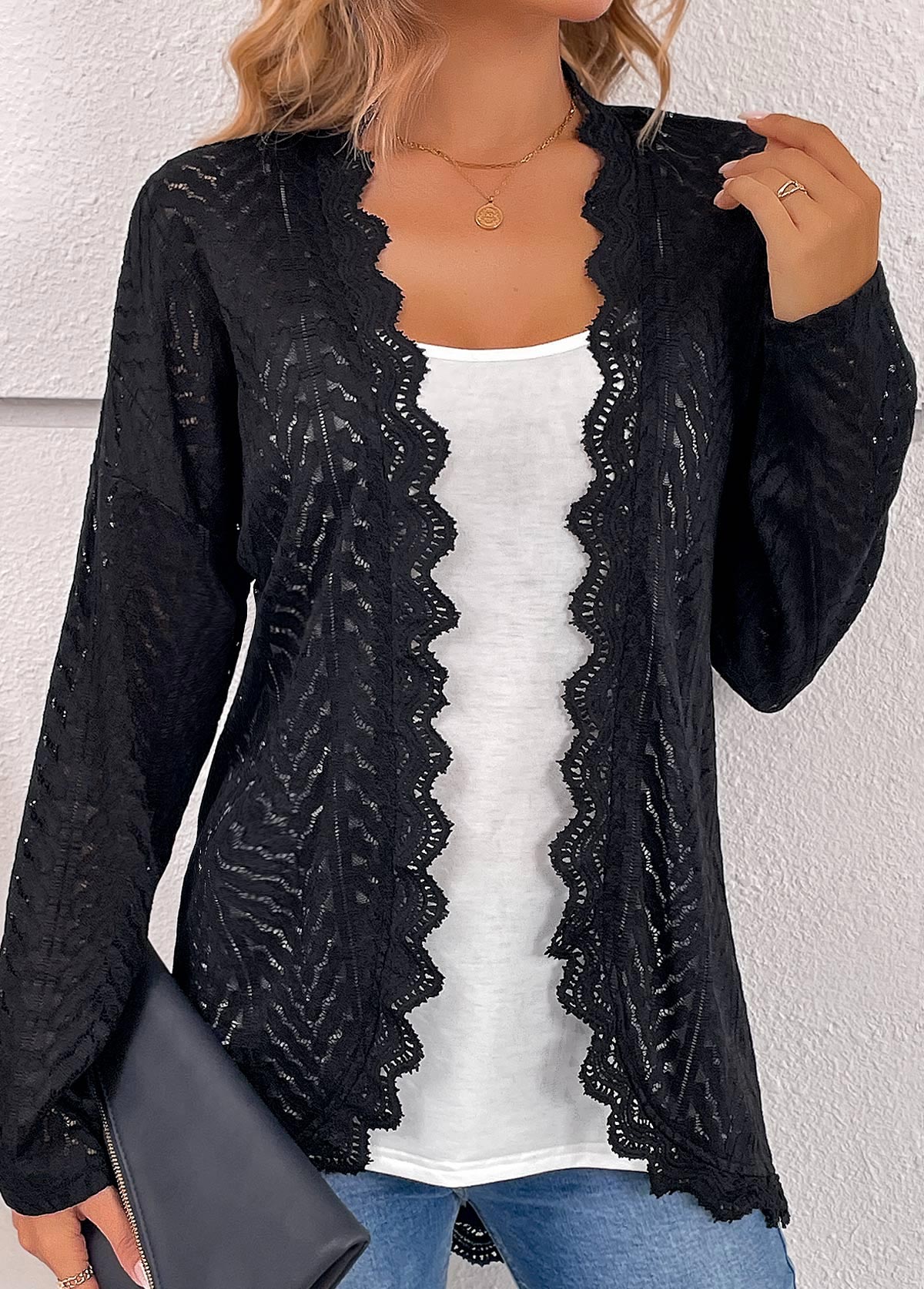 Black tops,Plain Color tops,ROTITA Scalloped Hem Black Long Sleeve Light Cardigan