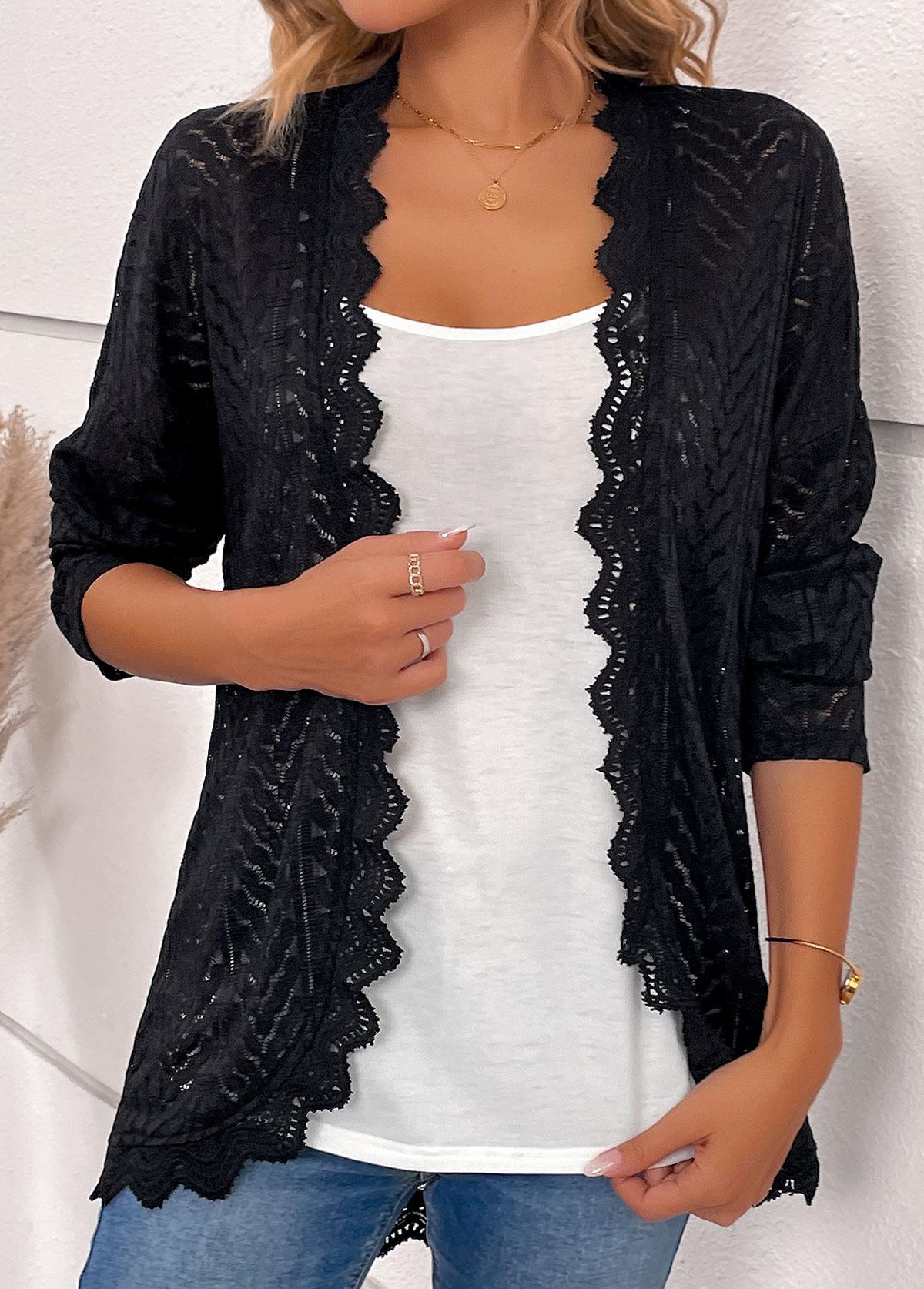 Black tops,Plain Color tops,ROTITA Scalloped Hem Black Long Sleeve Light Cardigan