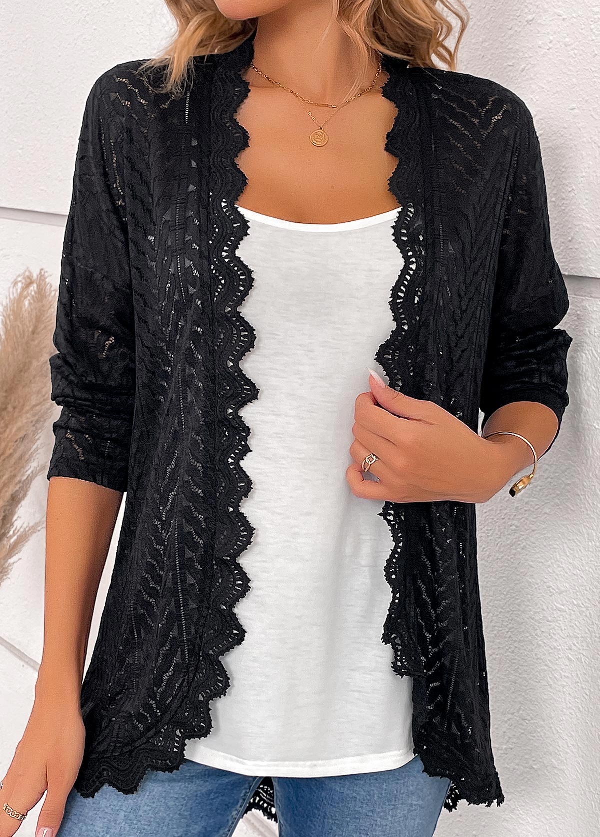 Black tops,Plain Color tops,ROTITA Scalloped Hem Black Long Sleeve Light Cardigan