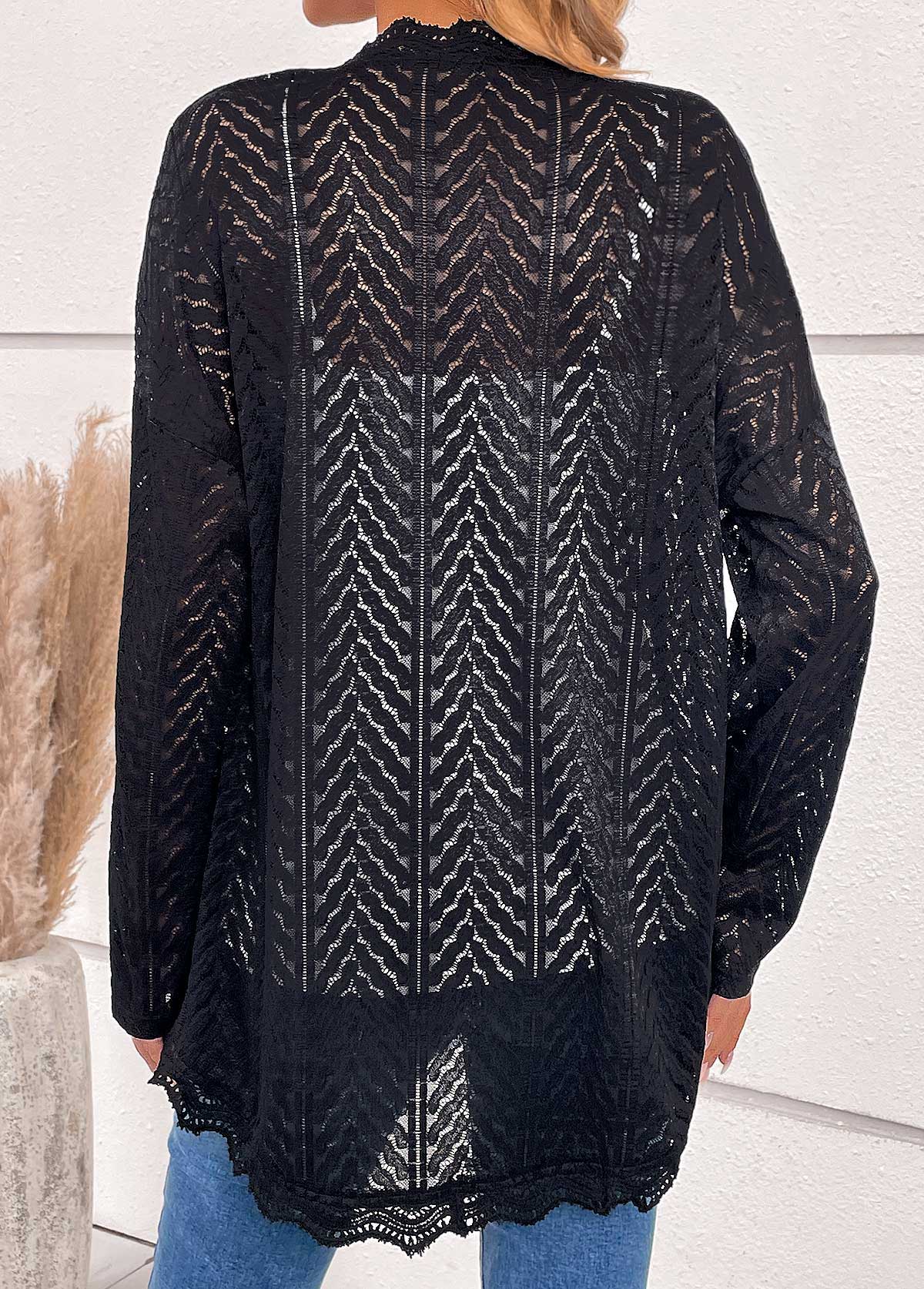 Black tops,Plain Color tops,ROTITA Scalloped Hem Black Long Sleeve Light Cardigan