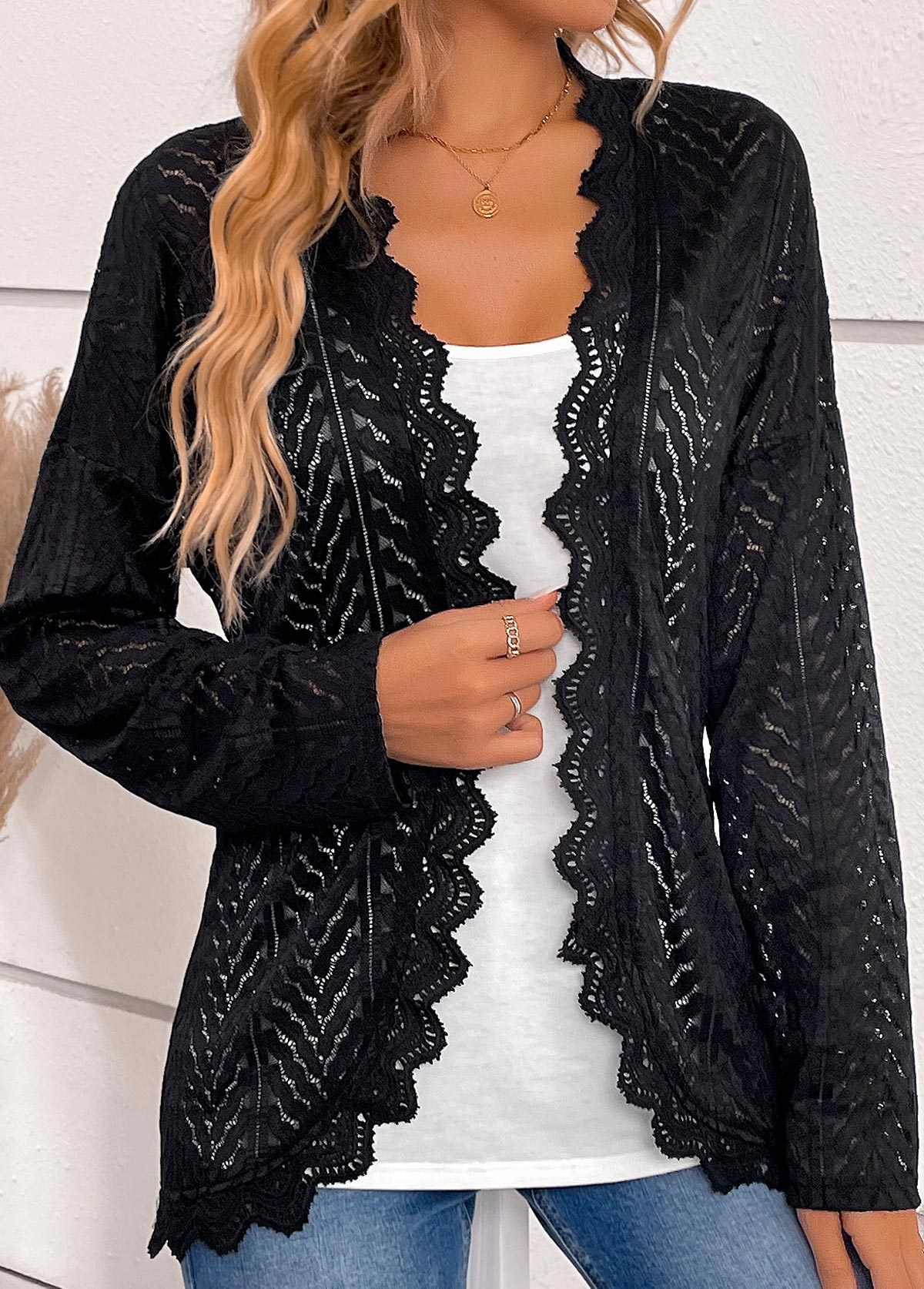 Black tops,Plain Color tops,ROTITA Scalloped Hem Black Long Sleeve Light Cardigan
