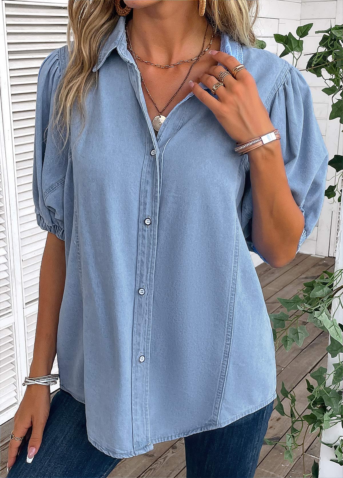 Light Blue tops,Plain Color tops,Button Light Blue Shirt Collar Half Sleeve Blouse