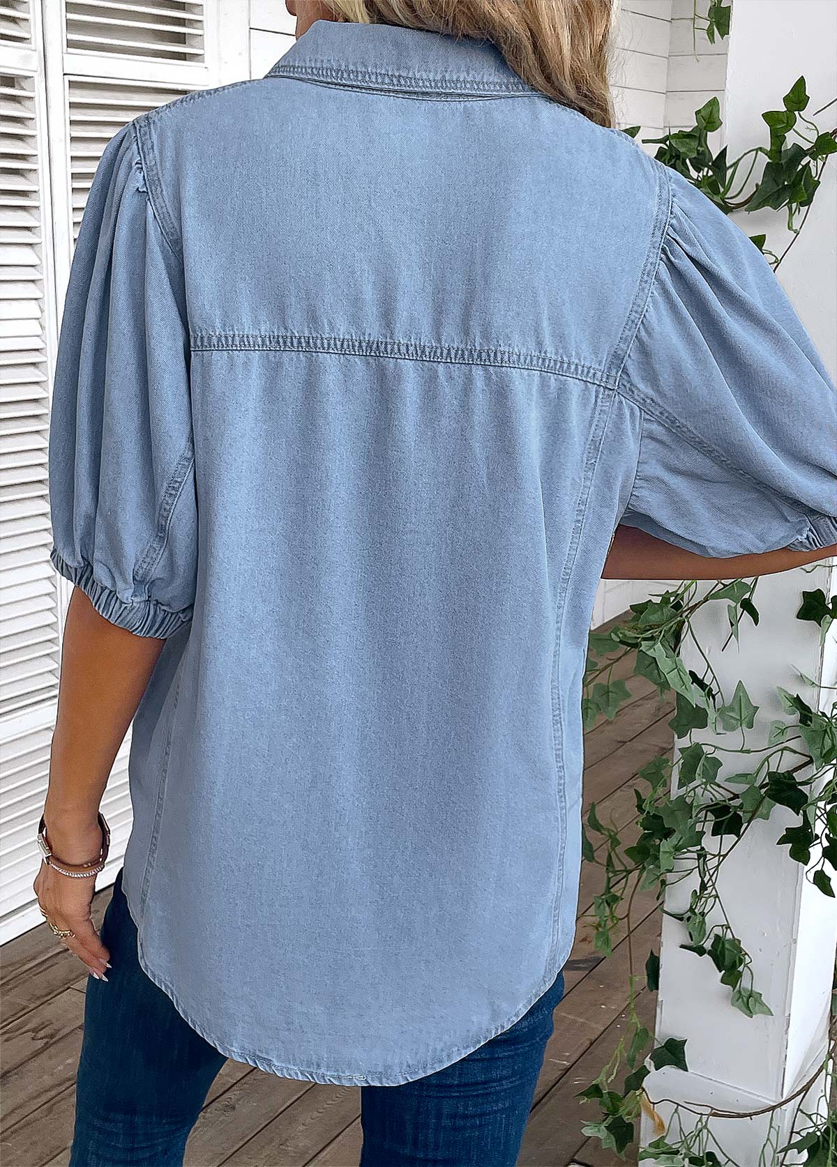 Light Blue tops,Plain Color tops,Button Light Blue Shirt Collar Half Sleeve Blouse