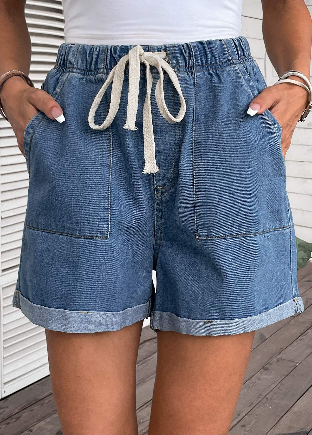 Denim Blue bottoms,Plain Color bottoms,Pocket Drawastring High Waisted Denim Shorts