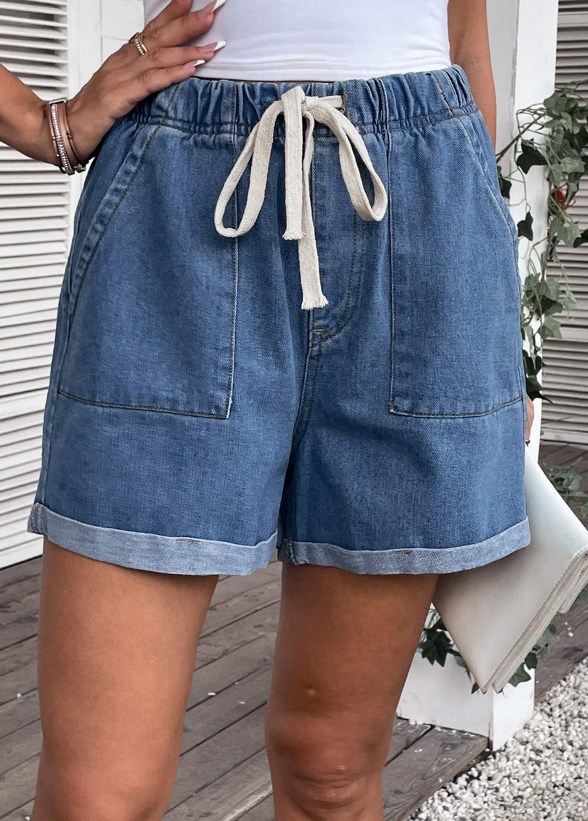 Denim Blue bottoms,Plain Color bottoms,Pocket Drawastring High Waisted Denim Shorts