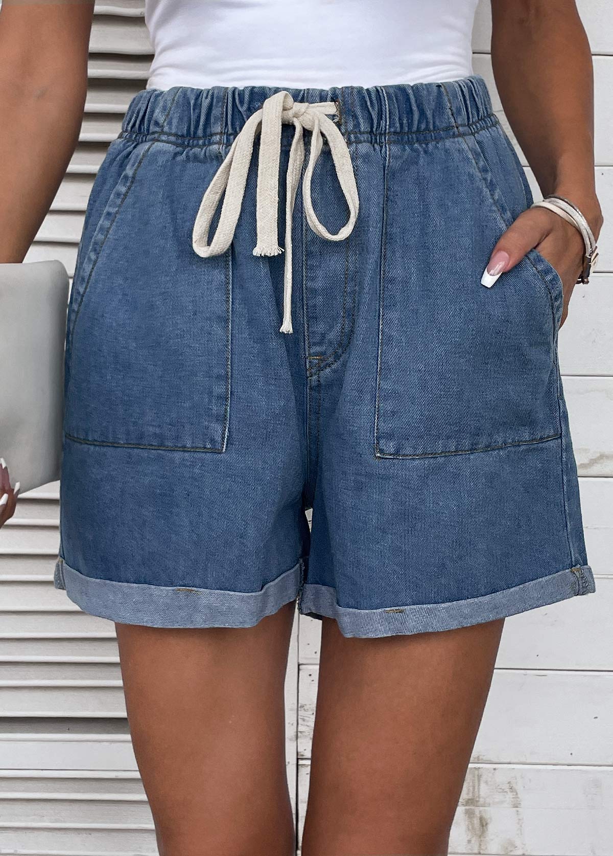 Denim Blue bottoms,Plain Color bottoms,Pocket Drawastring High Waisted Denim Shorts