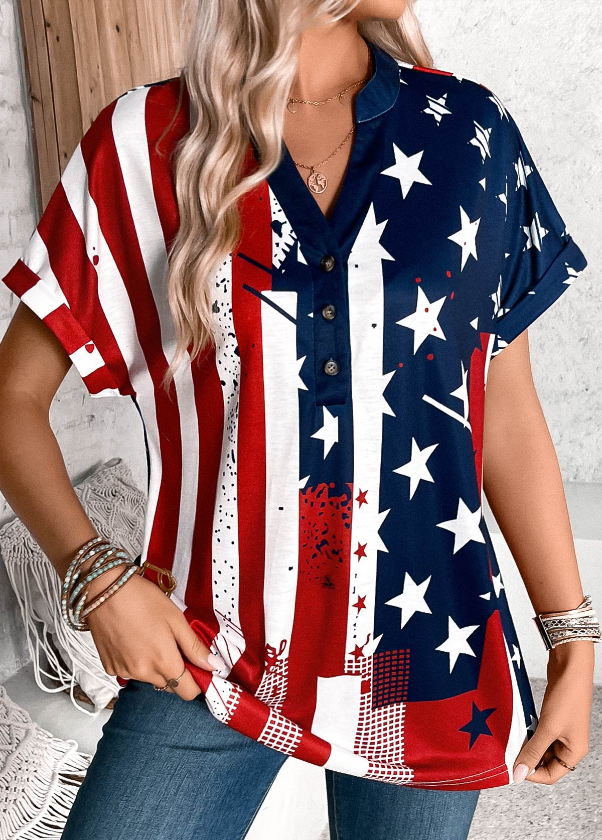 Multi Color tops,Flag tops,ROTITA Button American Flag Print Multi Color T Shirt