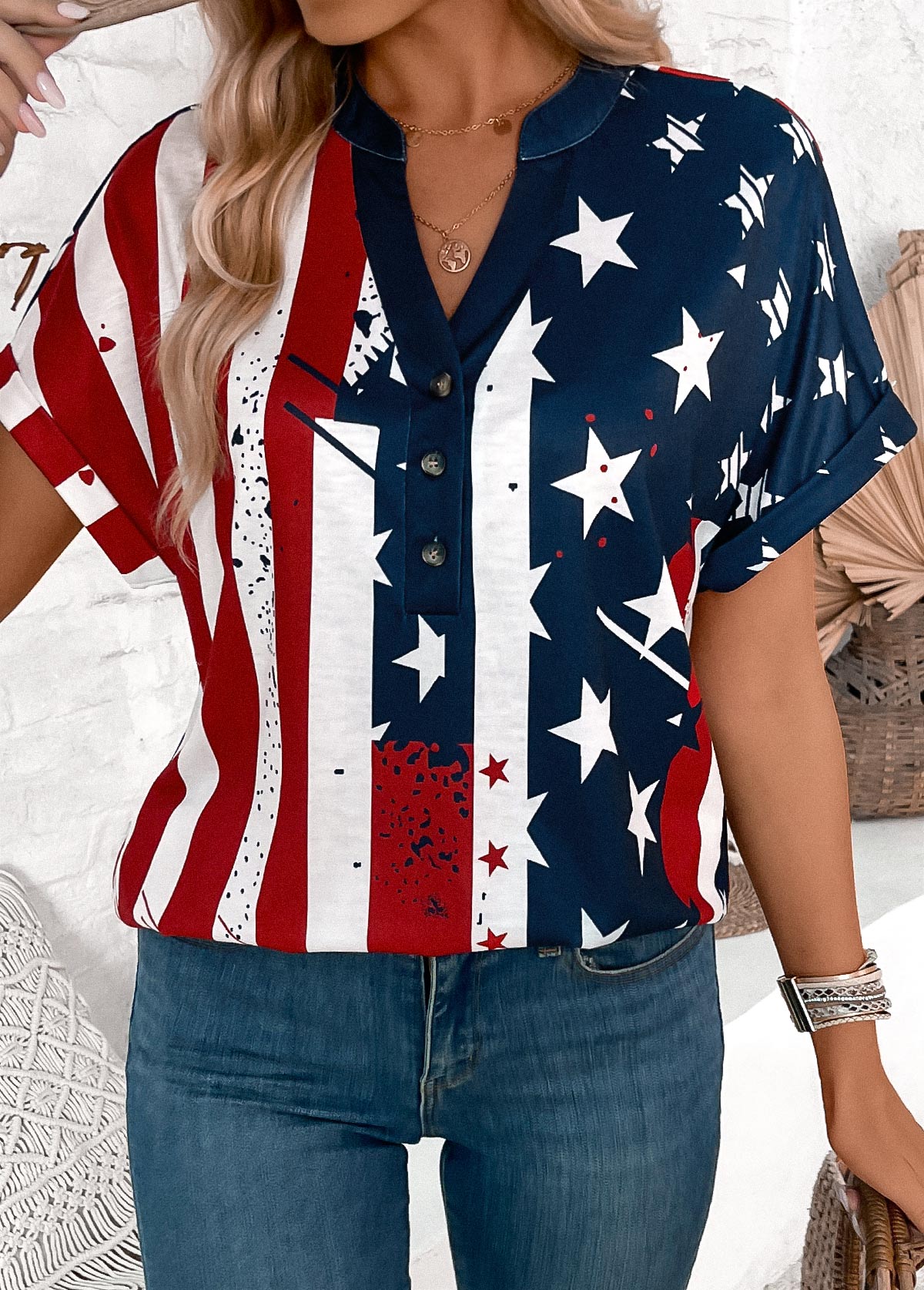 Multi Color tops,Flag tops,ROTITA Button American Flag Print Multi Color T Shirt