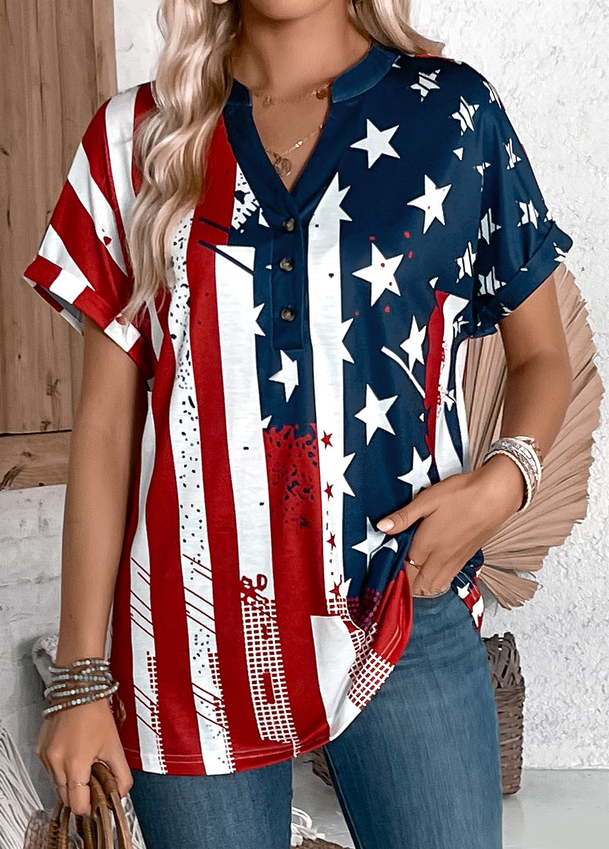 Multi Color tops,Flag tops,ROTITA Button American Flag Print Multi Color T Shirt
