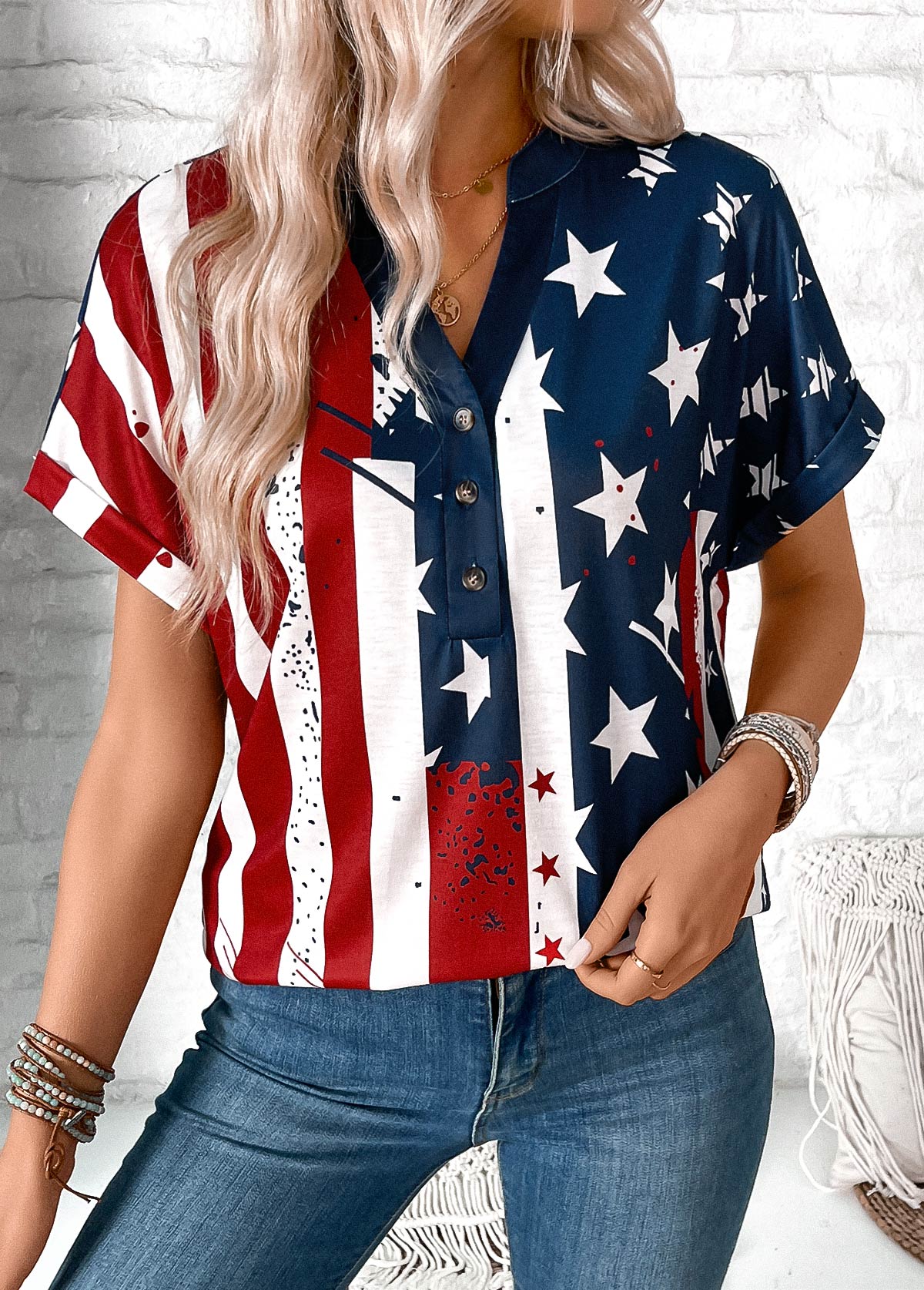 Multi Color tops,Flag tops,ROTITA Button American Flag Print Multi Color T Shirt